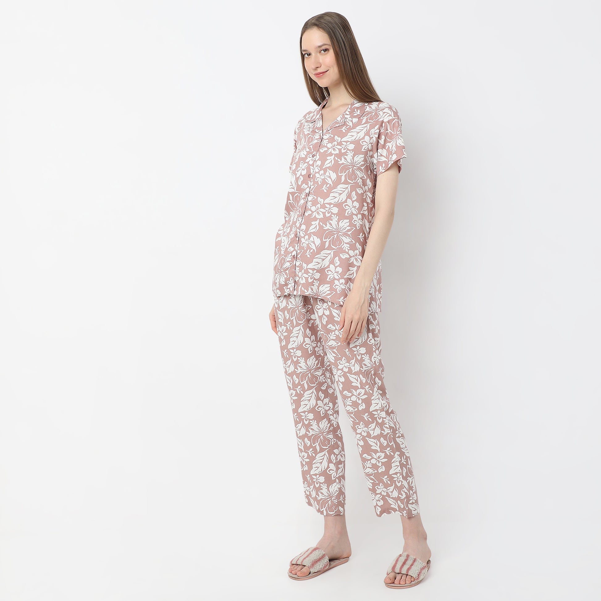 Floral Print Lapel Collar Short Sleeve Shirt with Pyjama Sleepwear Shirt