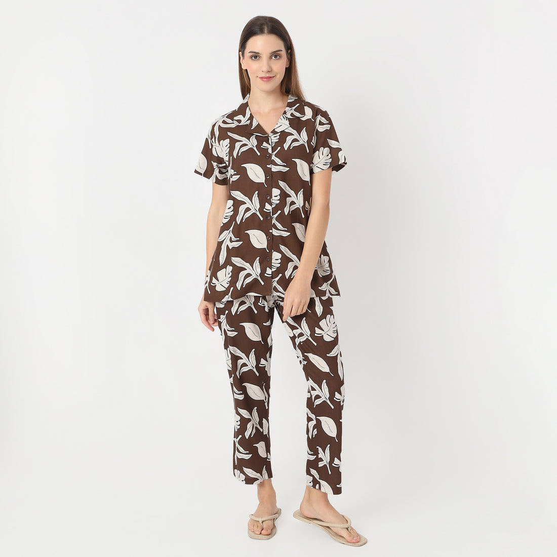 Lapel Collar Floral Shirt with Pyjama Set