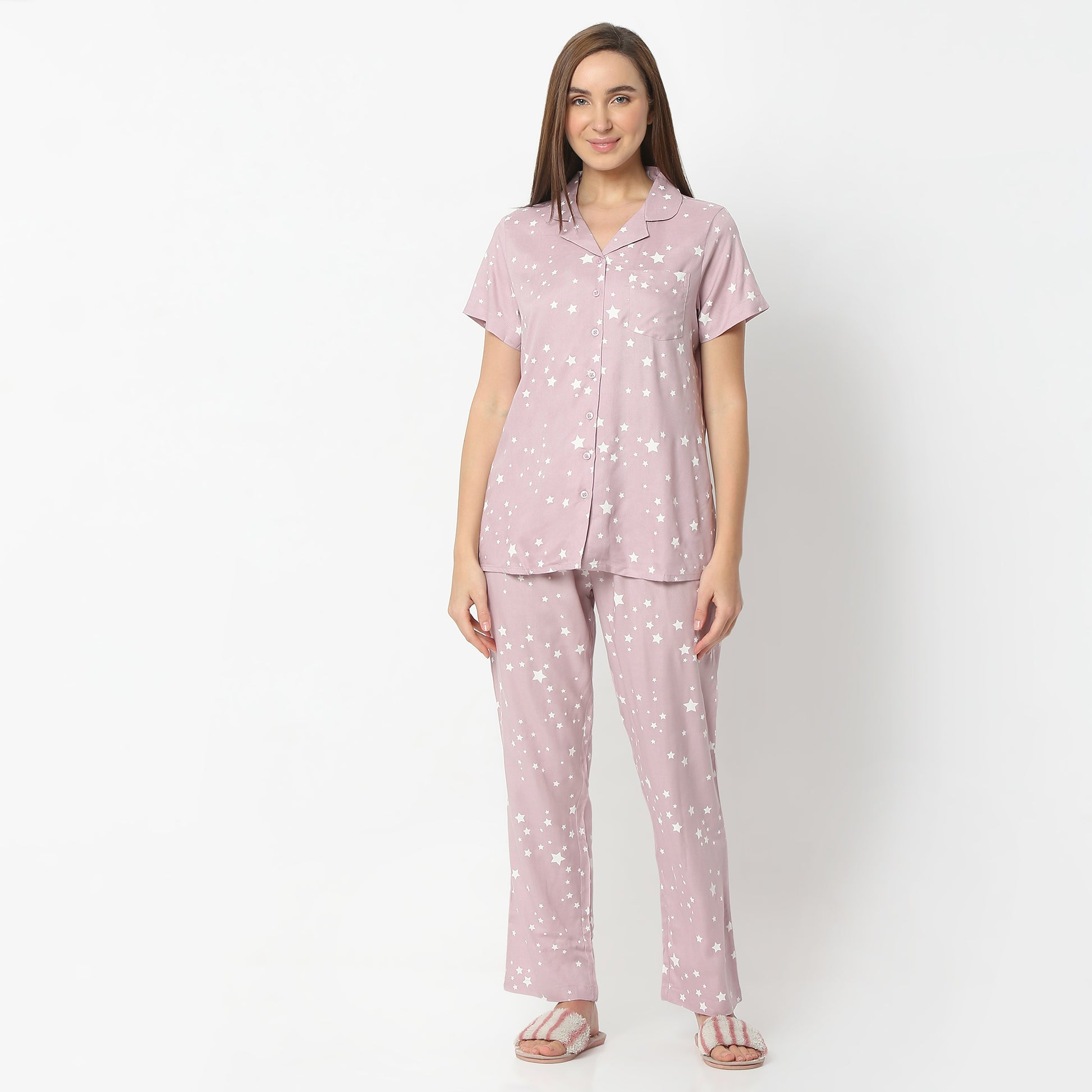 Regular Fit Printed Lapel Collar Regular Length Shirt with Pyjama Sleepwear Set