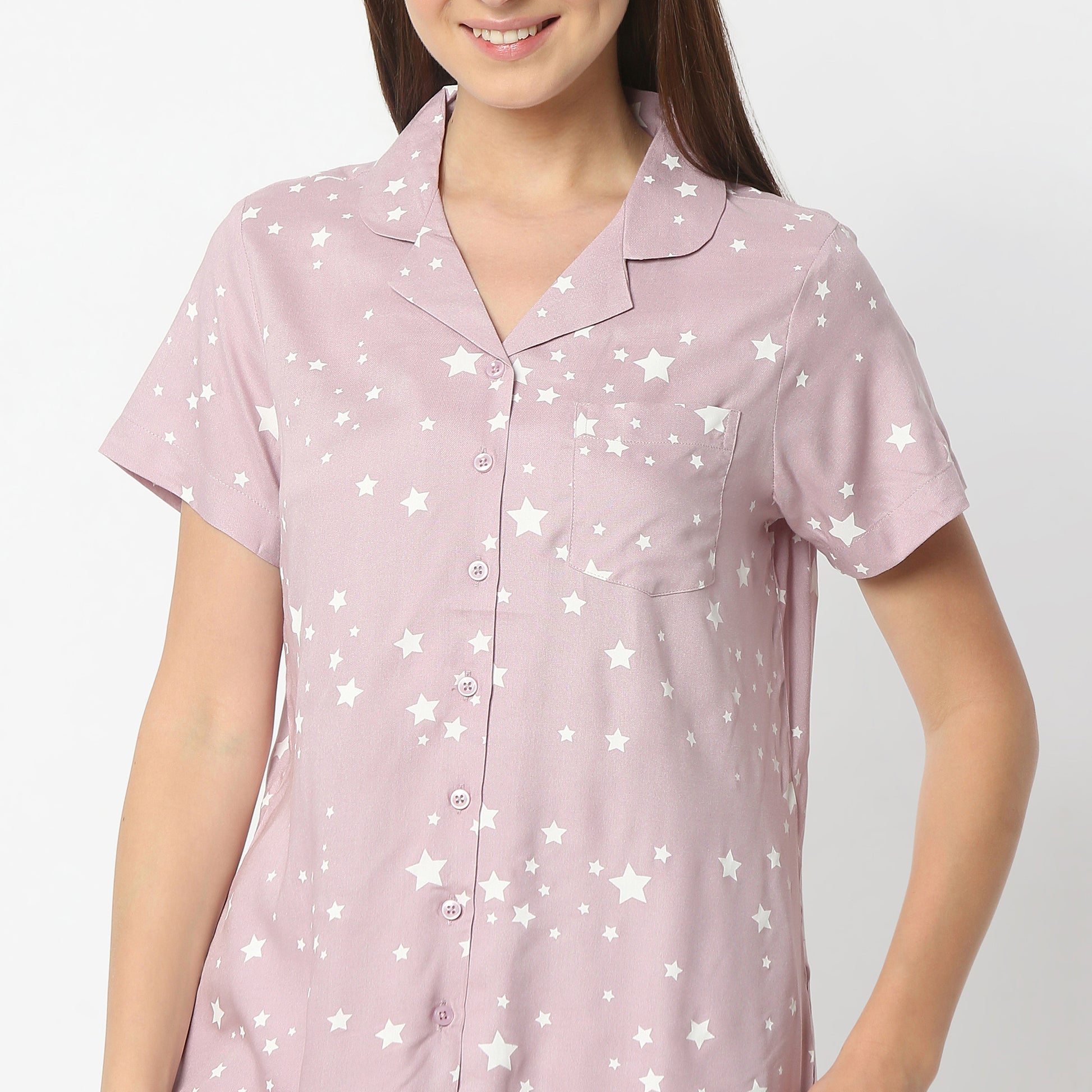 Regular Fit Printed Lapel Collar Regular Length Shirt with Pyjama Sleepwear Set