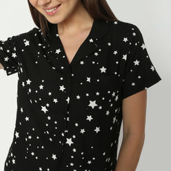 Regular Fit Printed Lapel Collar Regular Length Shirt with Shorts Sleepwear Set