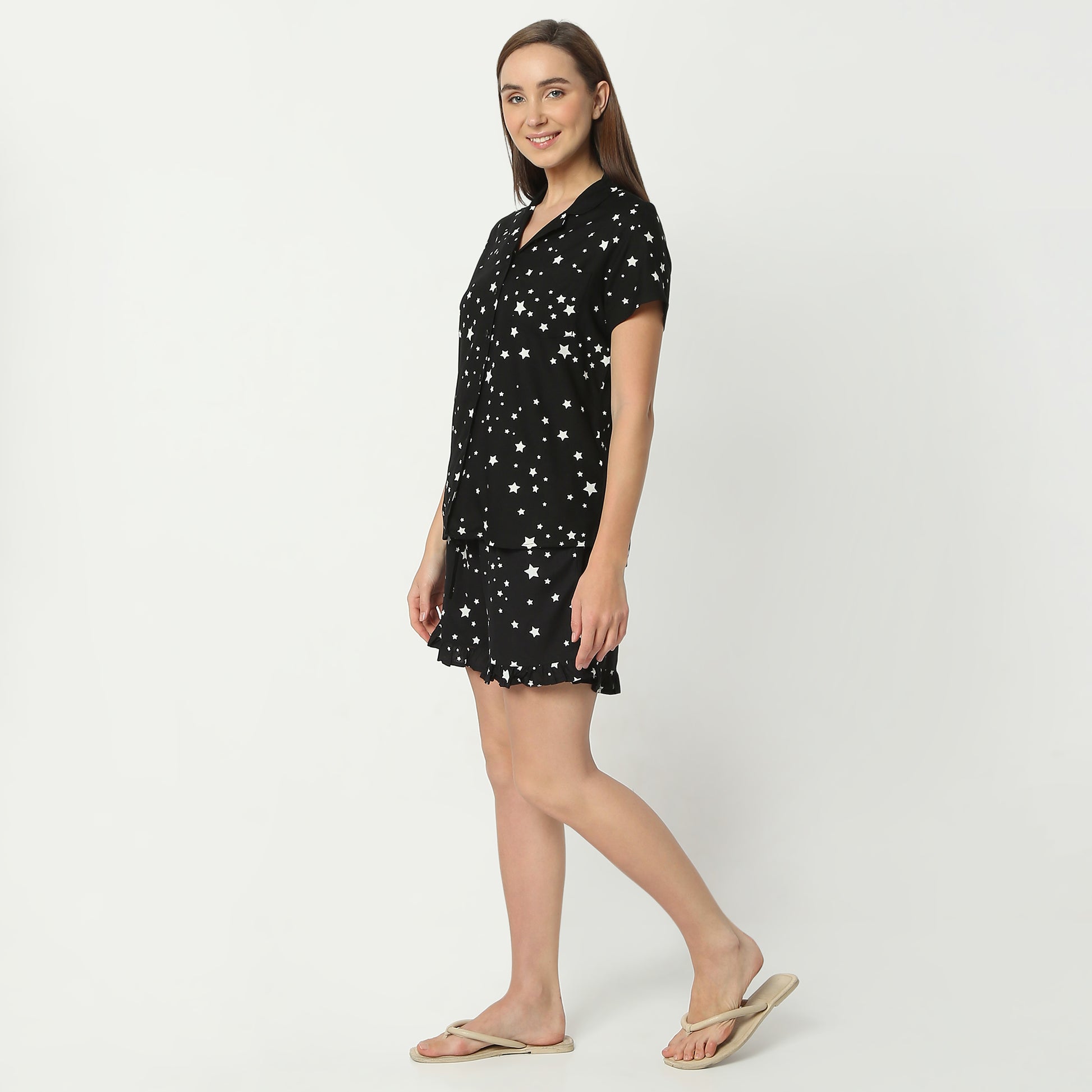 Regular Fit Printed Lapel Collar Regular Length Shirt with Shorts Sleepwear Set