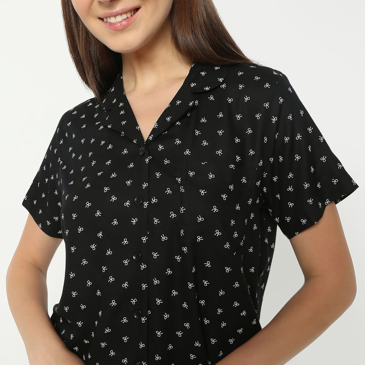 Regular Fit Printed Lapel Collar Regular Length Shirt with Shorts Sleepwear Set