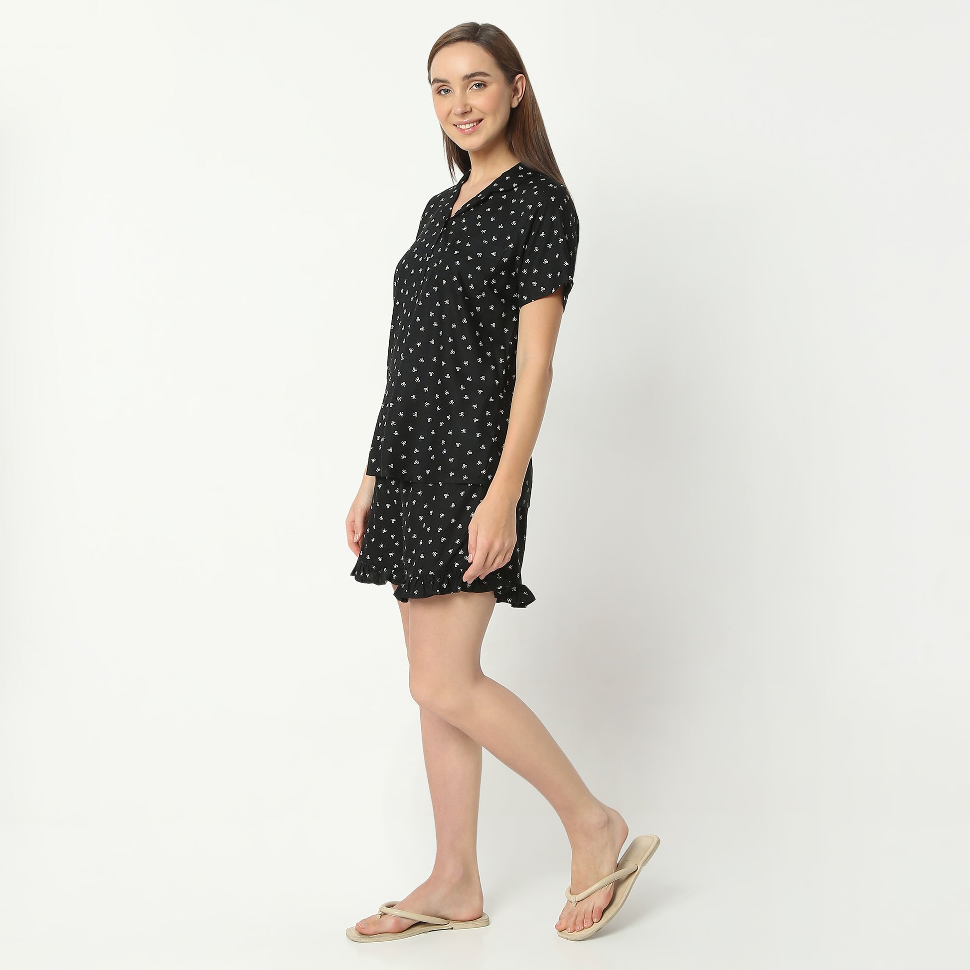 Regular Fit Printed Lapel Collar Regular Length Shirt with Shorts Sleepwear Set