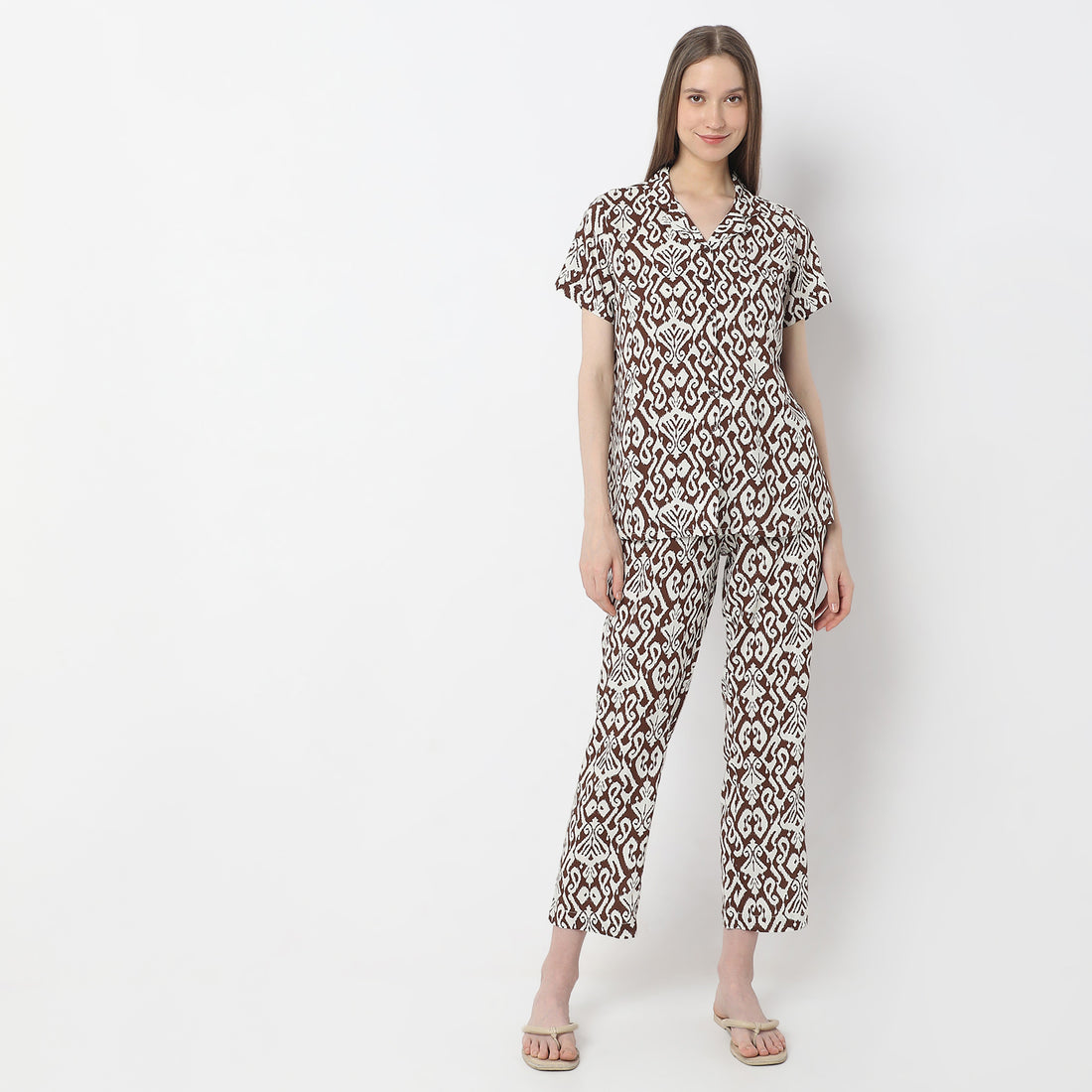 Geometric Print Lapel Collar Short Sleeve Shirt with Pyjama Sleepwear Shirt