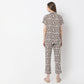 Geometric Print Lapel Collar Short Sleeve Shirt with Pyjama Sleepwear Shirt