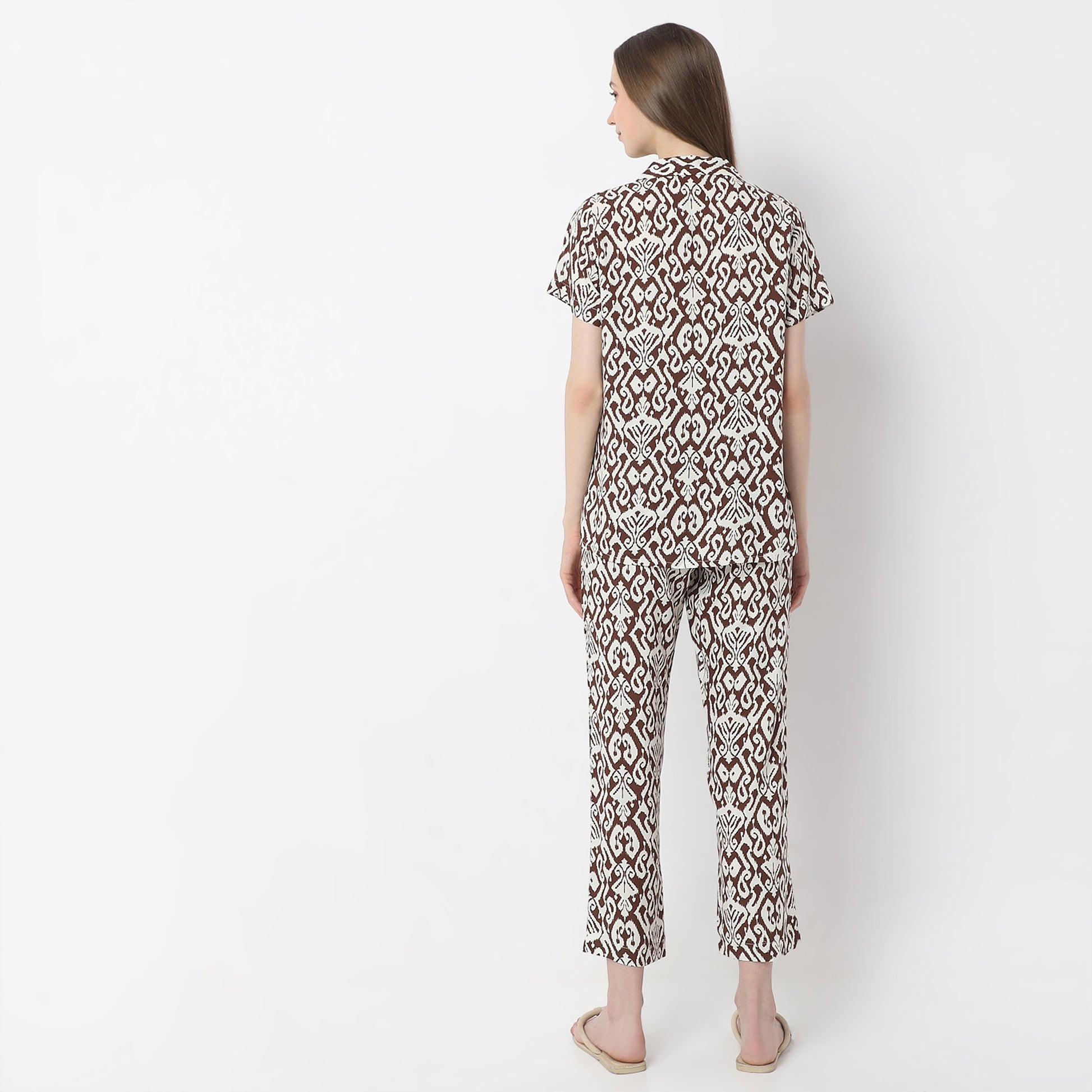 Geometric Print Lapel Collar Short Sleeve Shirt with Pyjama Sleepwear Shirt