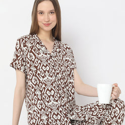 Geometric Print Lapel Collar Short Sleeve Shirt with Pyjama Sleepwear Shirt
