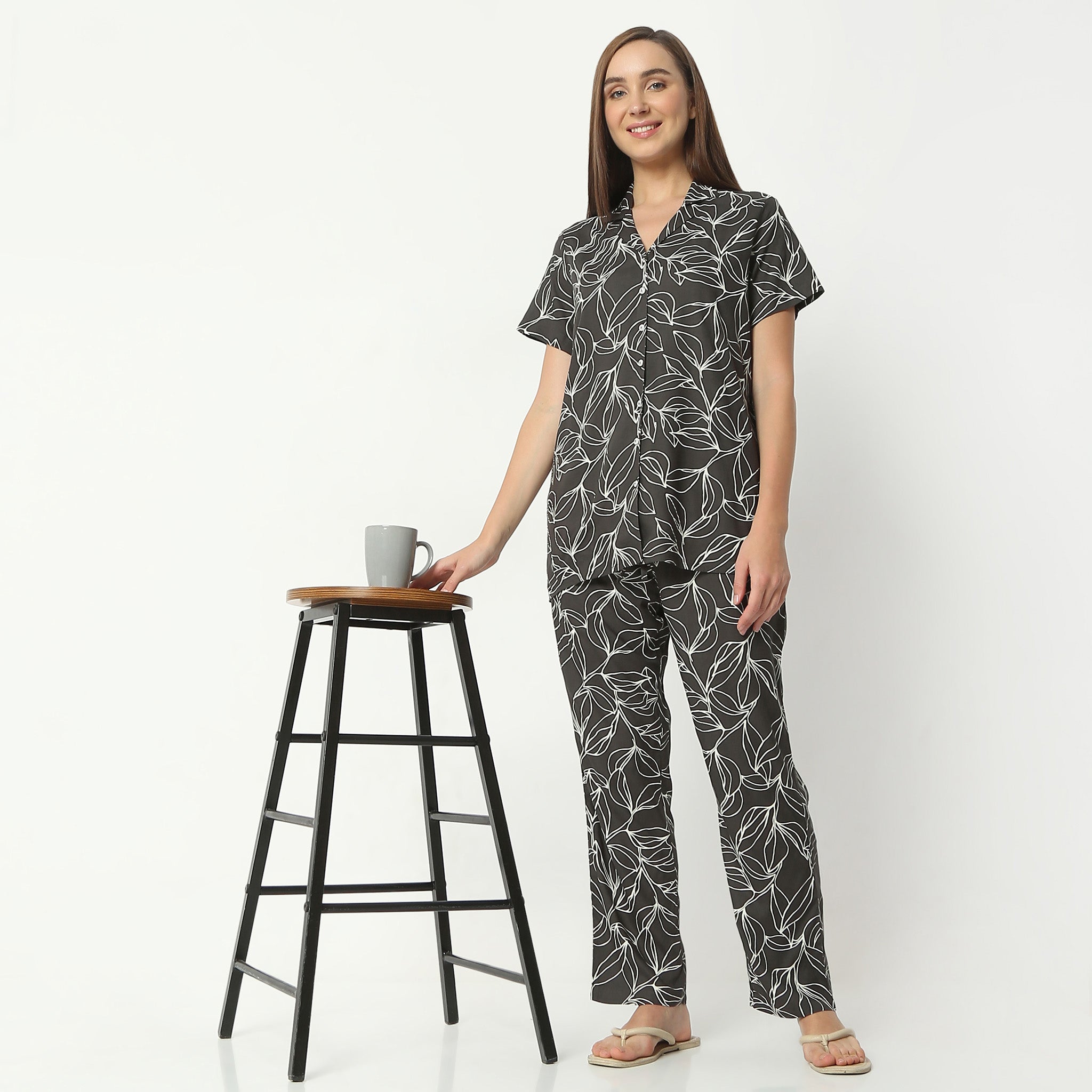 Regular Fit Printed Lapel Collar Regular Length Shirt with Pyjama Sleepwear Set
