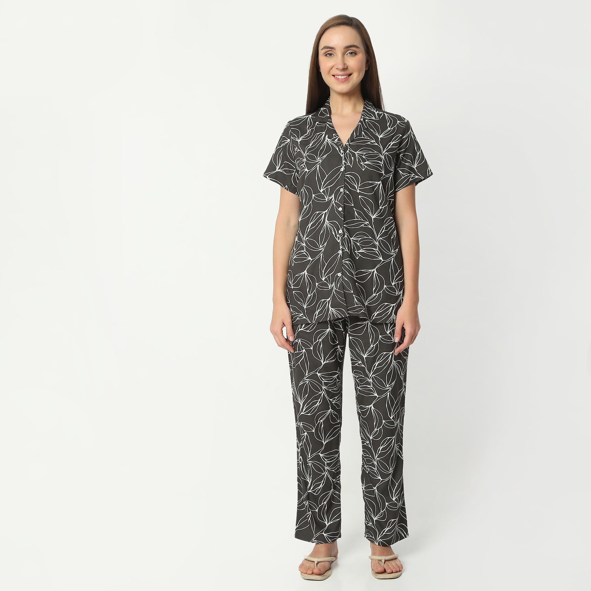 Regular Fit Printed Lapel Collar Regular Length Shirt with Pyjama Sleepwear Set