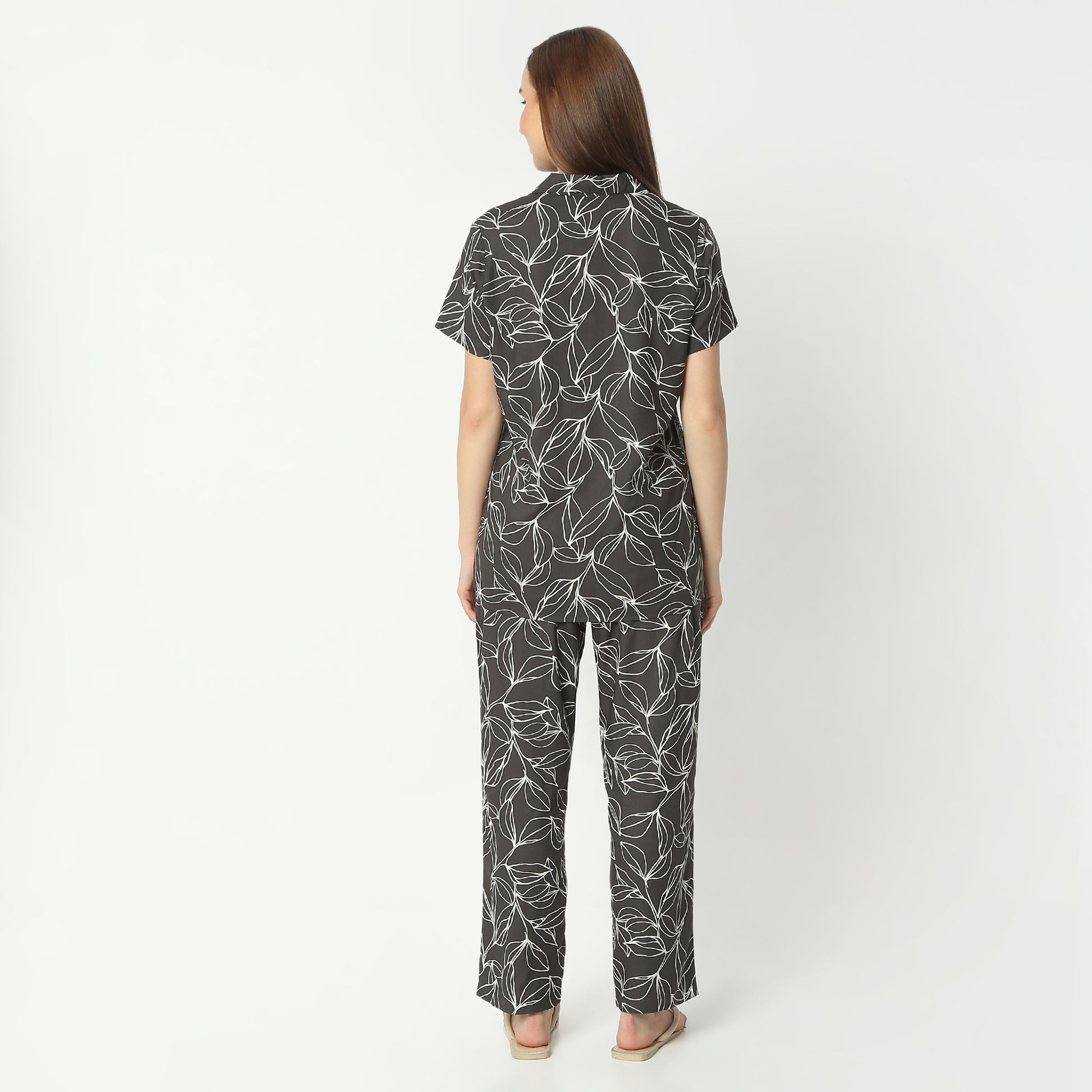 Regular Fit Printed Lapel Collar Regular Length Shirt with Pyjama Sleepwear Set