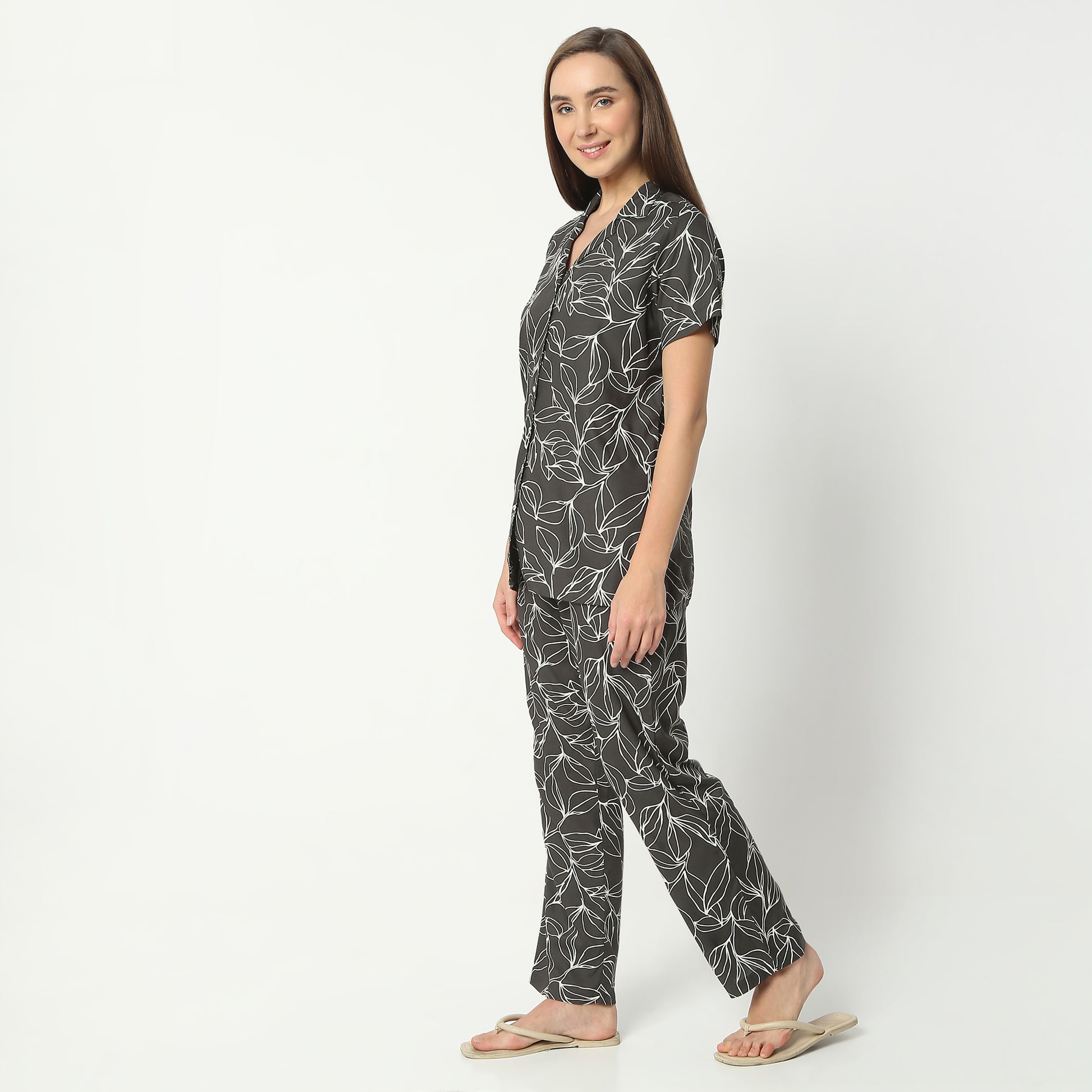 Regular Fit Printed Lapel Collar Regular Length Shirt with Pyjama Sleepwear Set