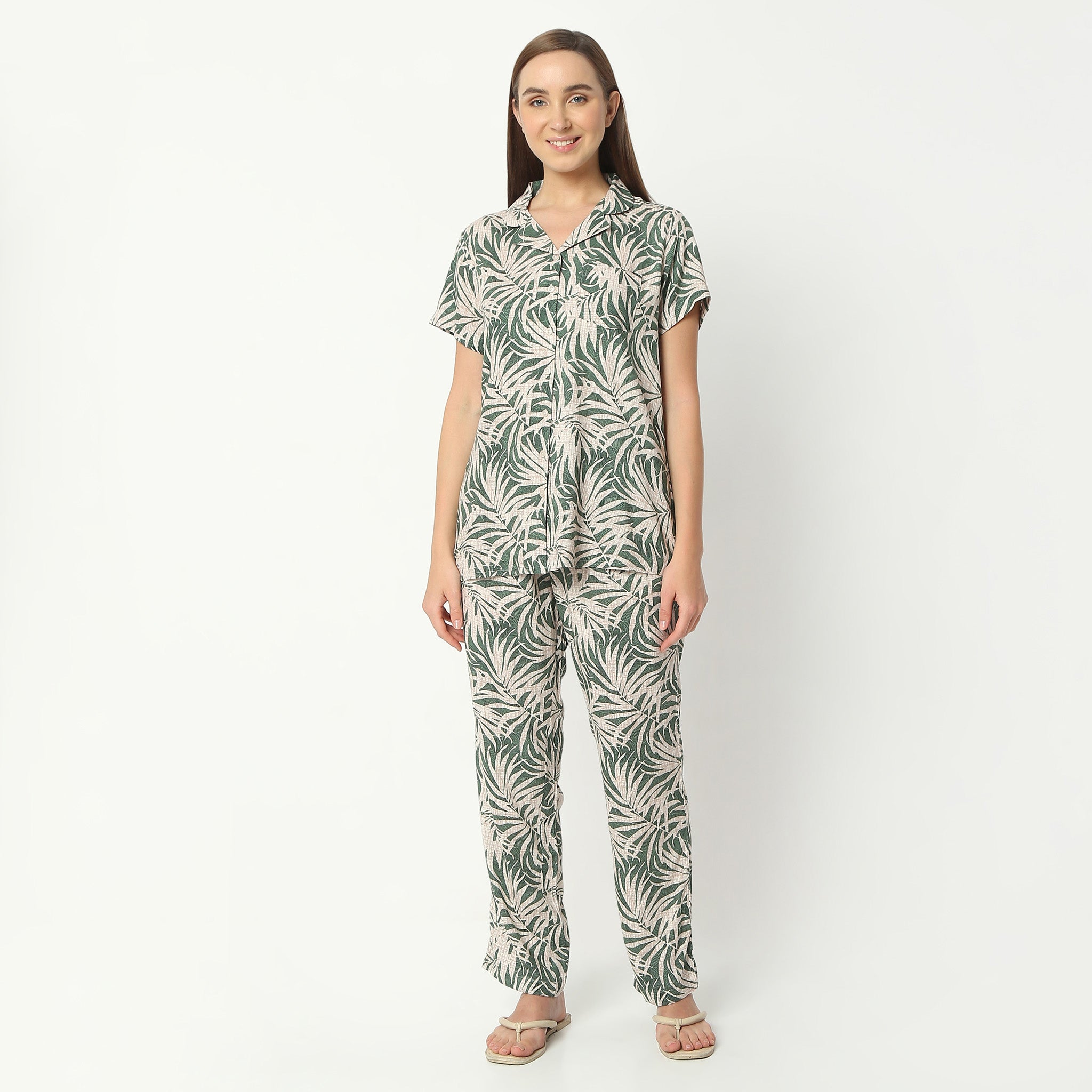Regular Fit Printed Lapel Collar Regular Length Shirt with Pyjama Sleepwear Set