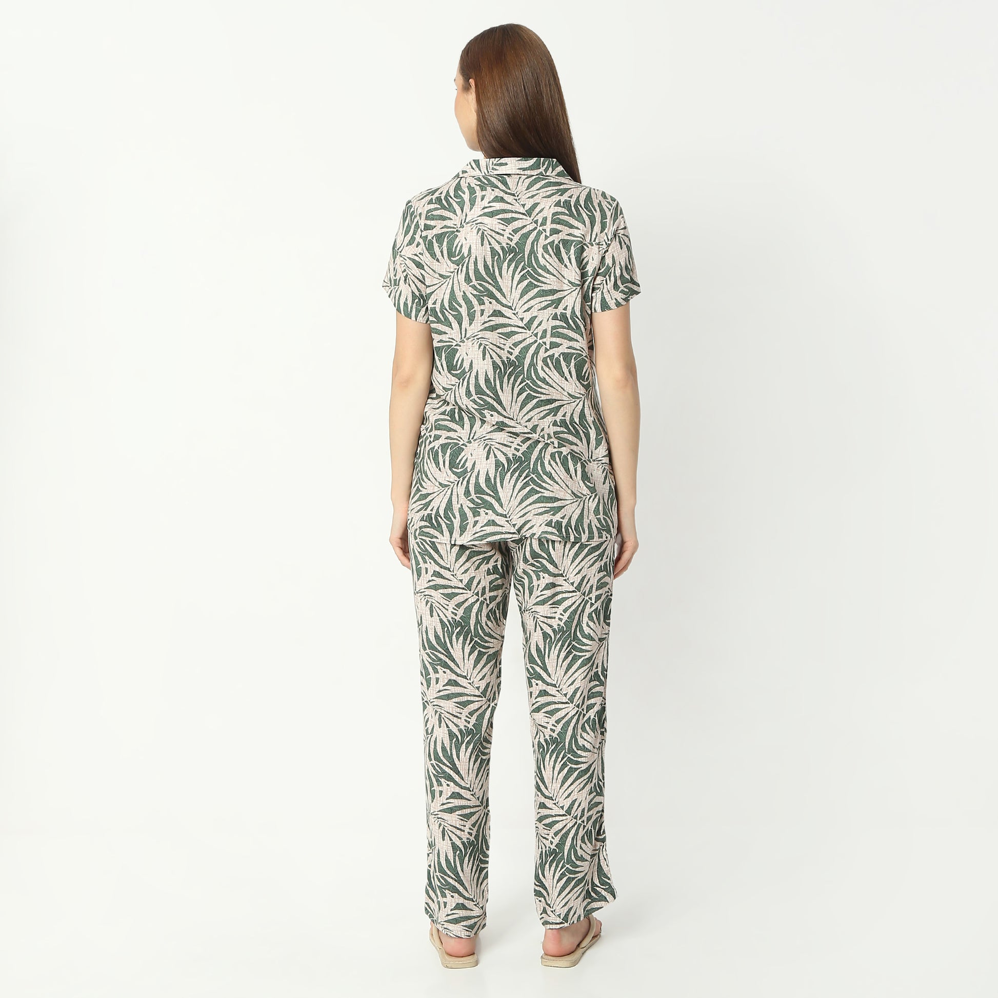 Regular Fit Printed Lapel Collar Regular Length Shirt with Pyjama Sleepwear Set