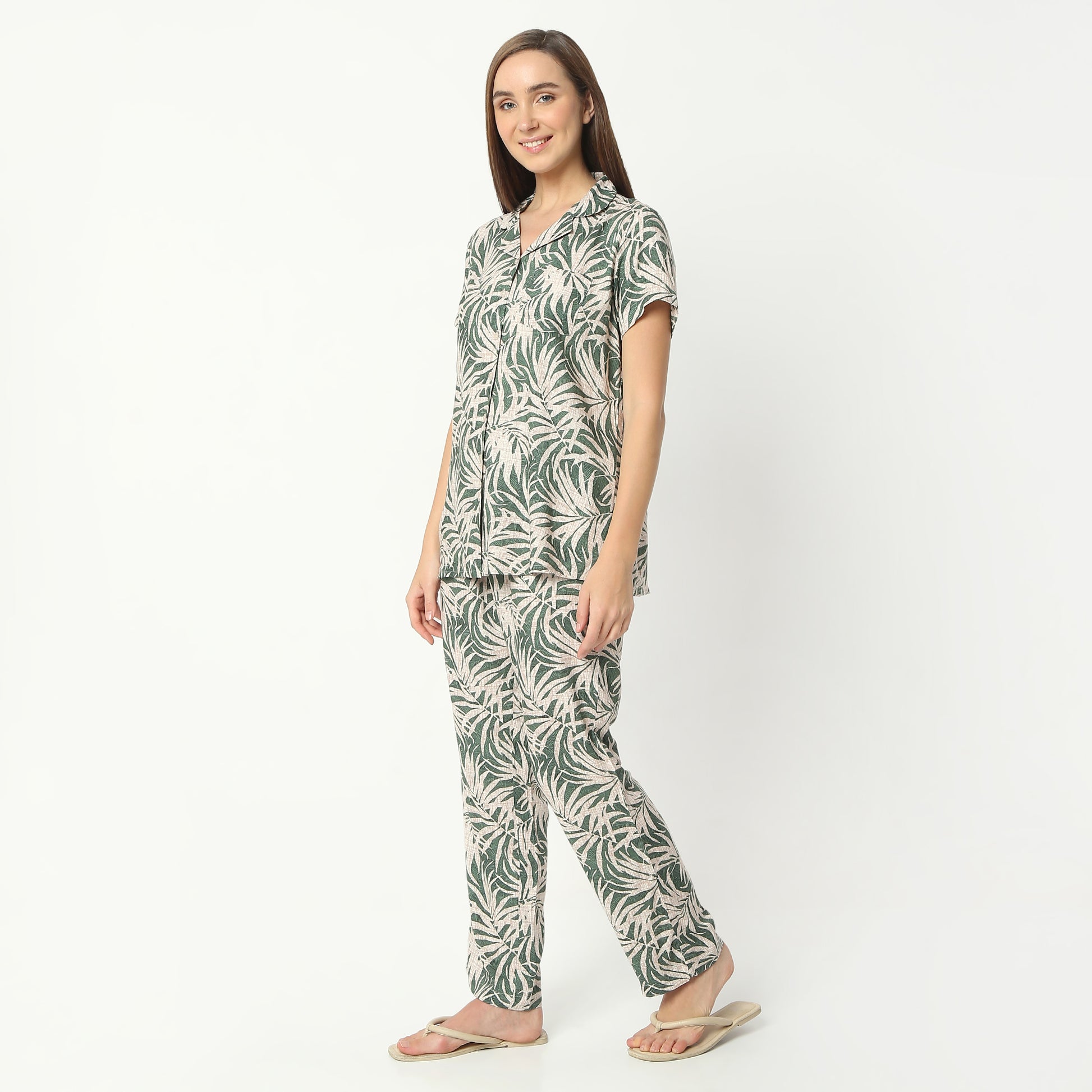 Regular Fit Printed Lapel Collar Regular Length Shirt with Pyjama Sleepwear Set