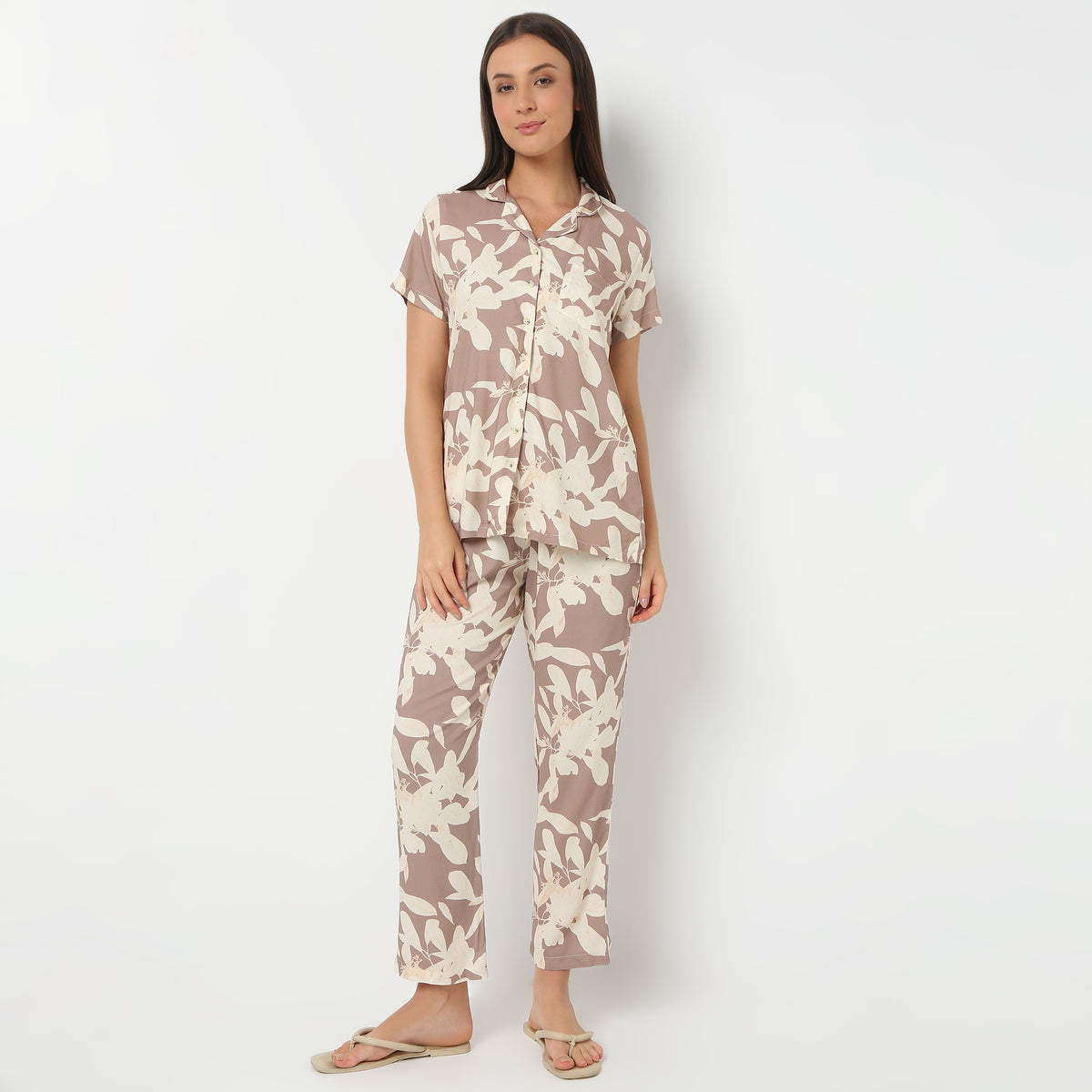 Lapel Collar Three-Fourth Sleeve Printed Sleepwear Set