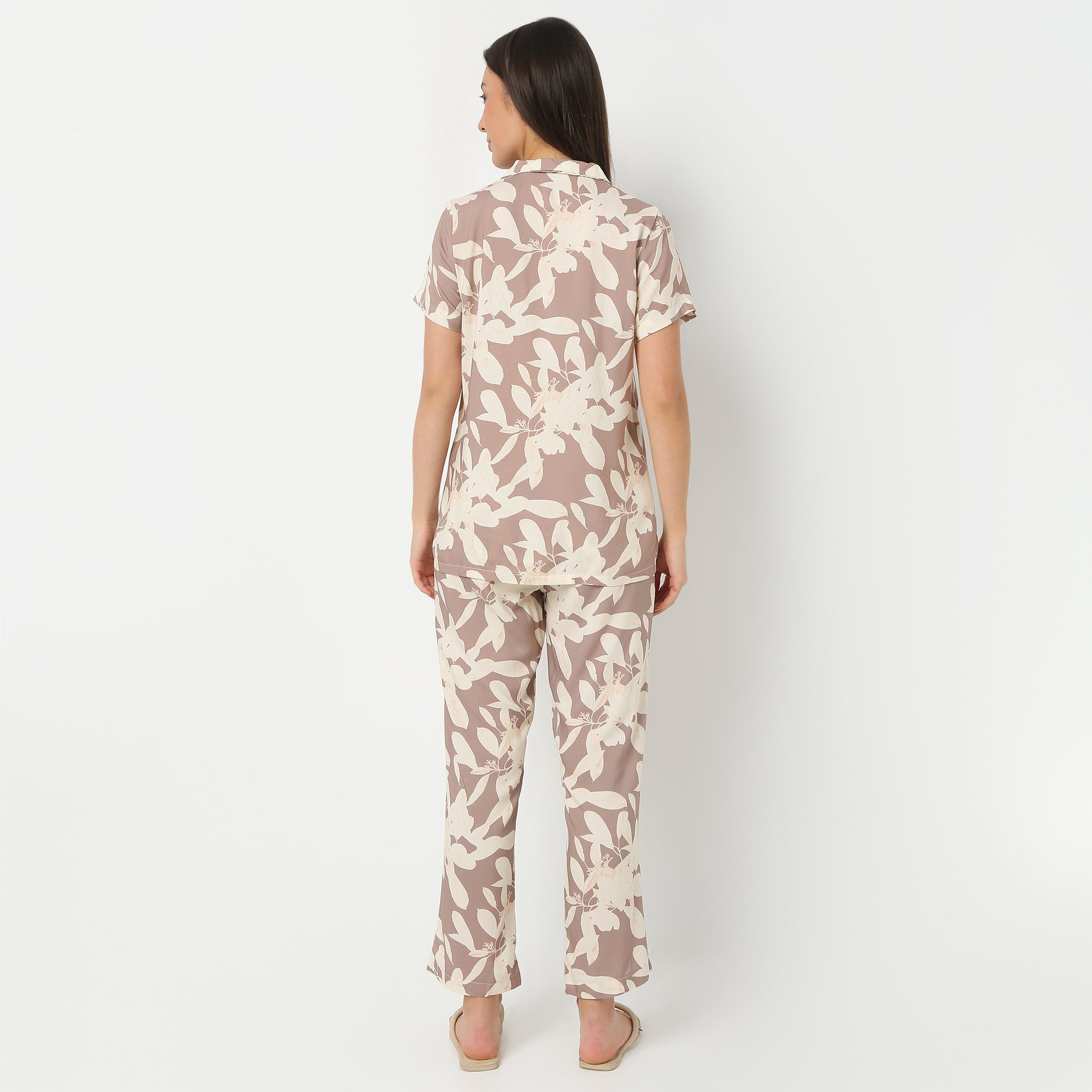 Lapel Collar Three-Fourth Sleeve Printed Sleepwear Set