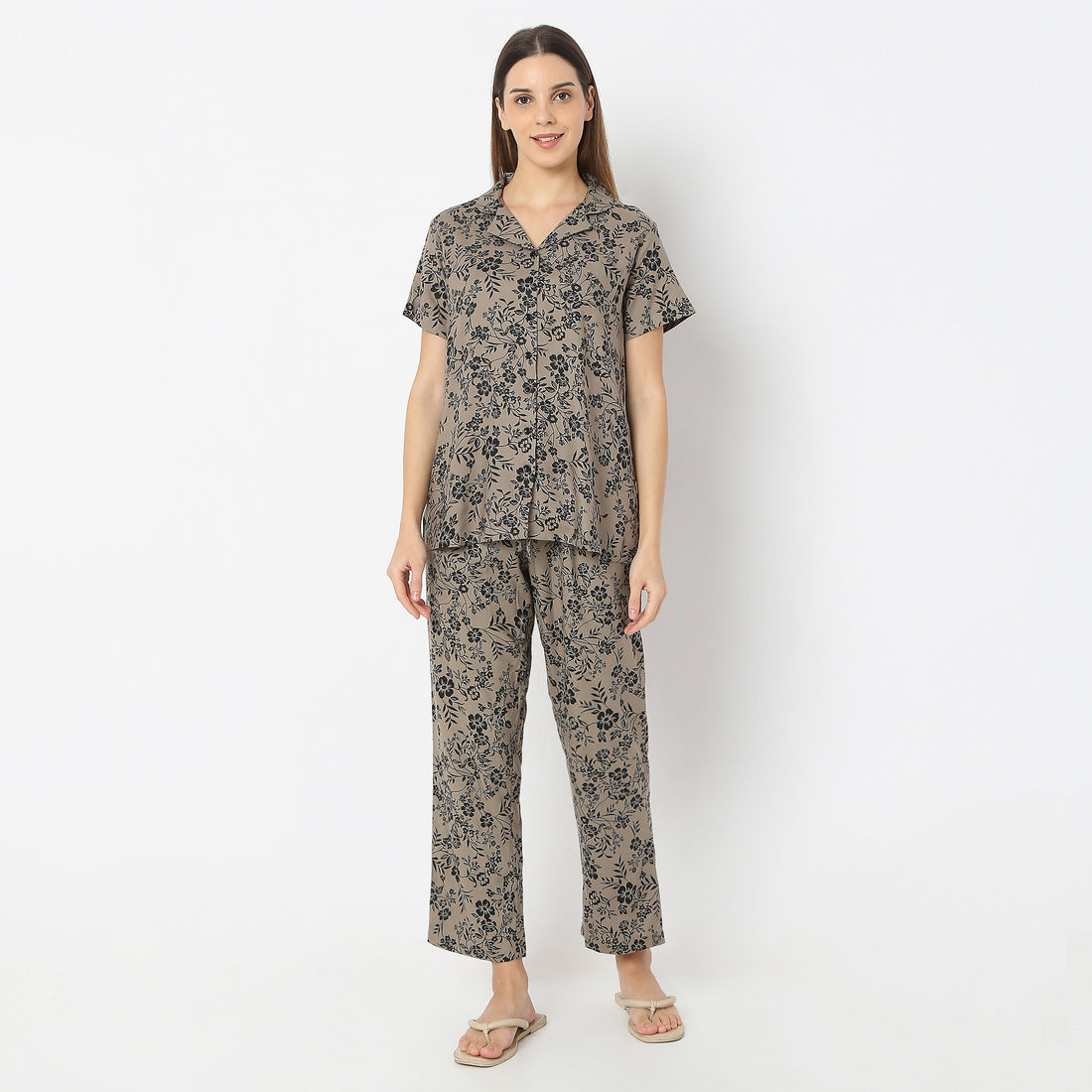 Floral Print Lapel Collar Short Sleeve Shirt with Pyjama Sleepwear Shirt