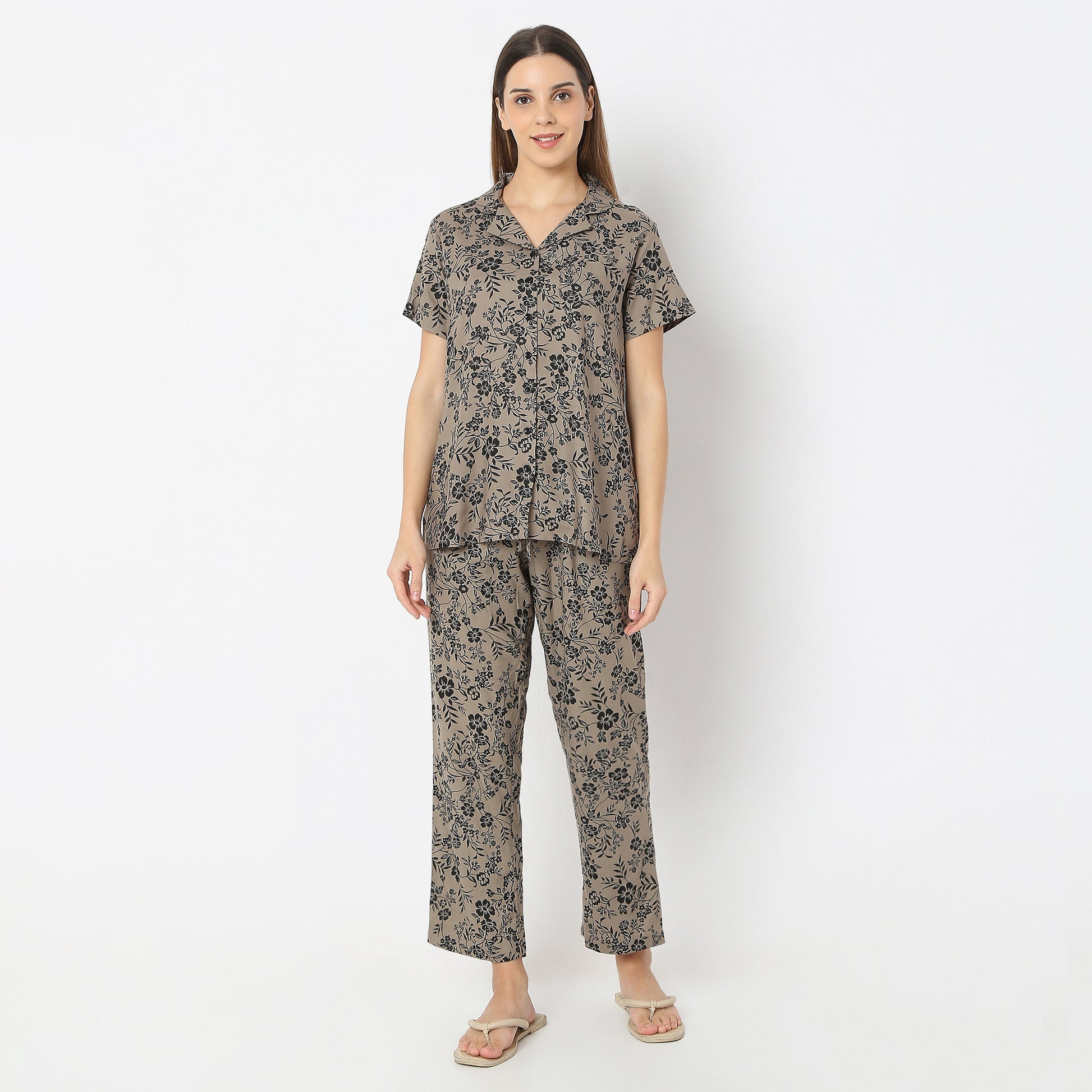 Floral Print Lapel Collar Short Sleeve Shirt with Pyjama Sleepwear Shirt