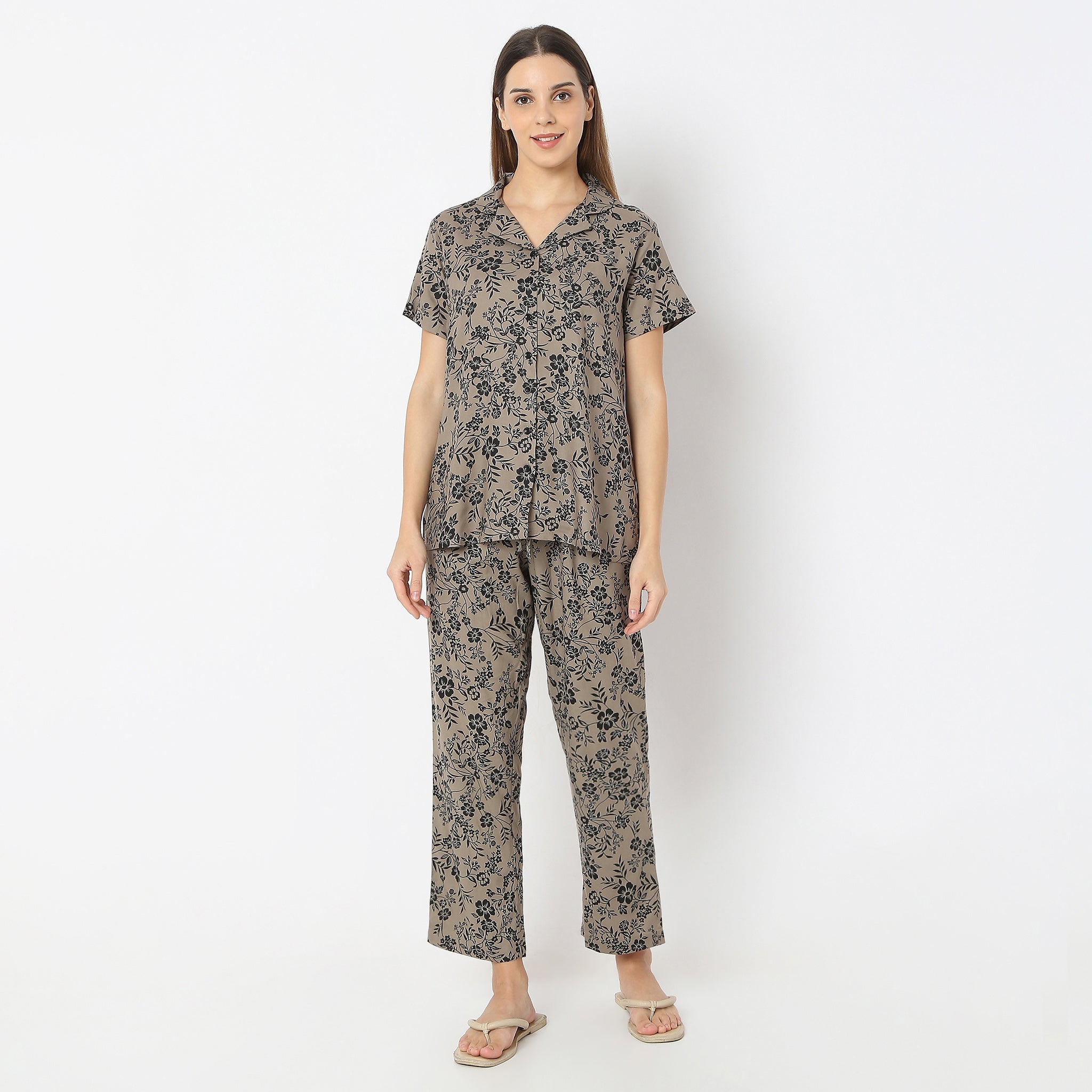 Floral Print Lapel Collar Short Sleeve Shirt with Pyjama Sleepwear Shirt