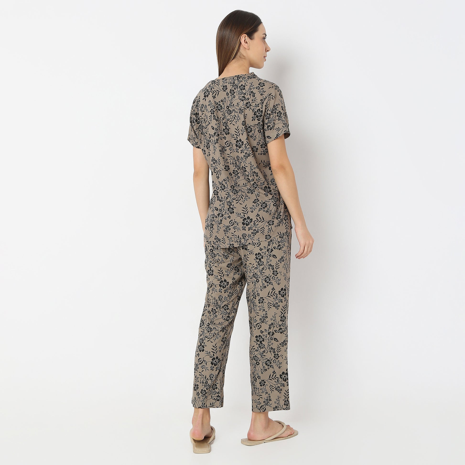 Floral Print Lapel Collar Short Sleeve Shirt with Pyjama Sleepwear Shirt