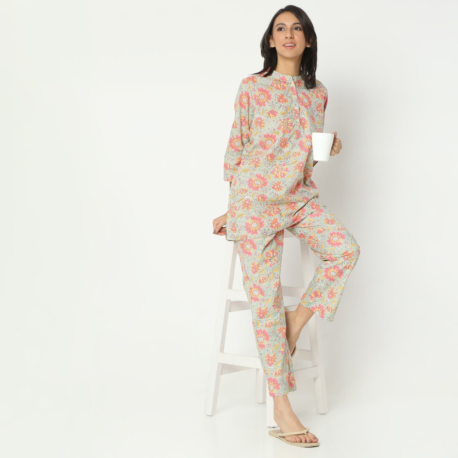 Regular Fit Printed Band Collar Full Length Top with Pyjama Set