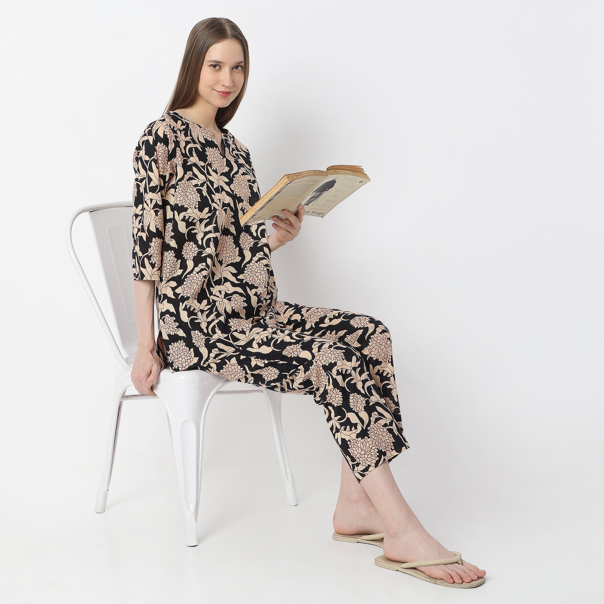 Floral Print Kurta with Pyjama Sleepwear Set