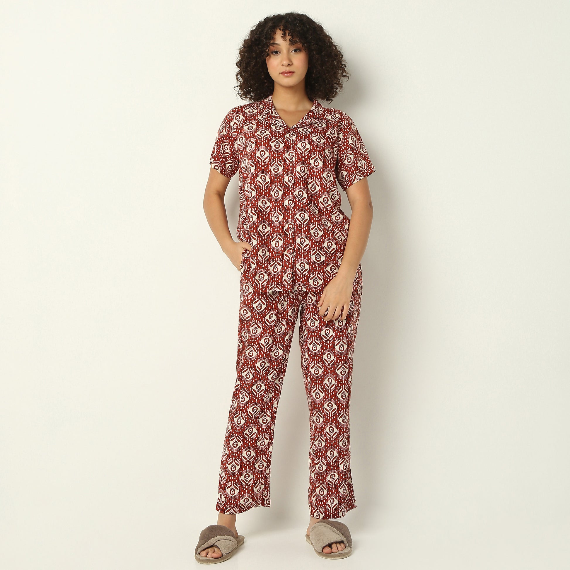 Regular Fit Printed Lapel Collar Shirt with Pyjama Set