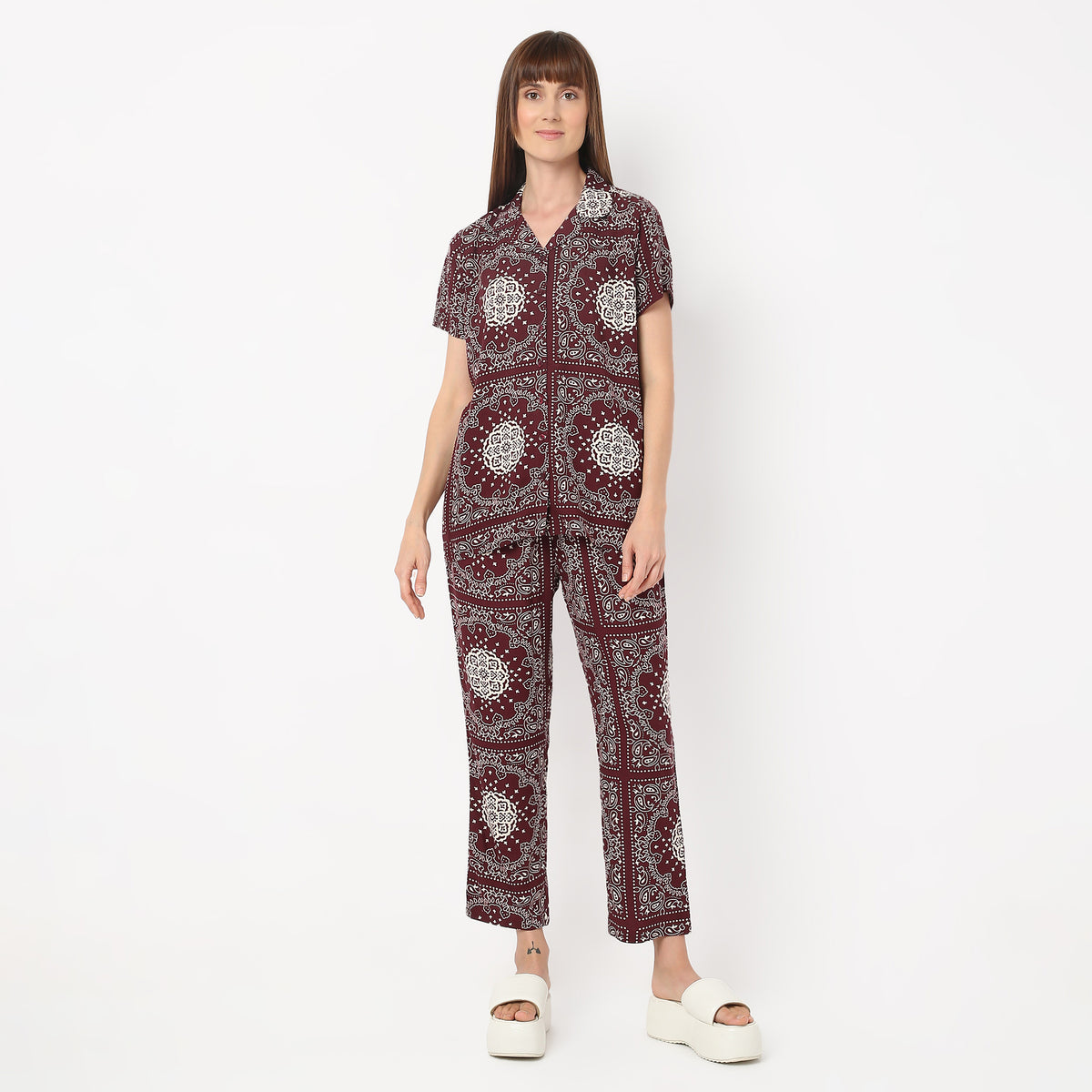 Regular Fit Printed Lapel Collar Shirt with Pyjama Set