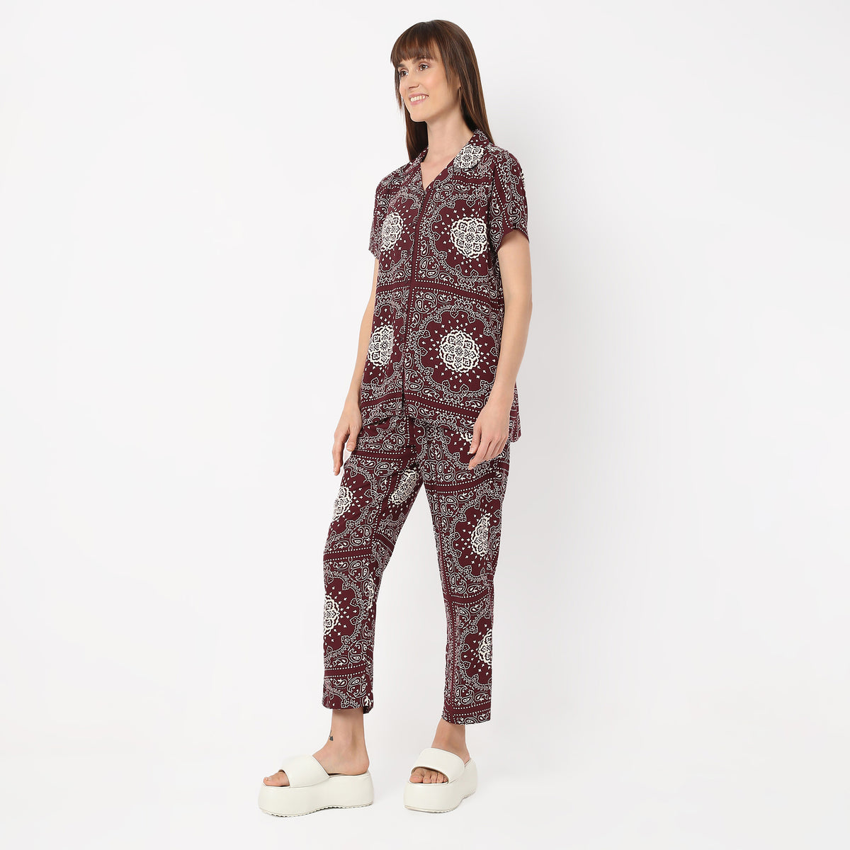 Regular Fit Printed Lapel Collar Shirt with Pyjama Set