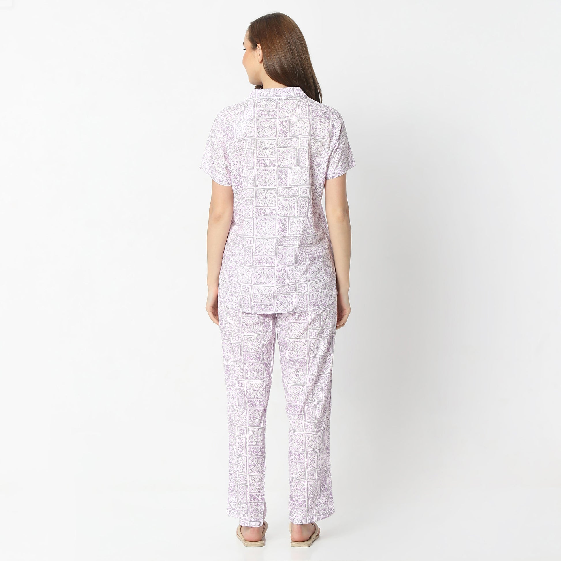 Regular Fit Printed Lapel Collar Regular Length Shirt with Pyjama Set