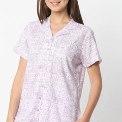 Regular Fit Printed Lapel Collar Regular Length Shirt with Pyjama Set