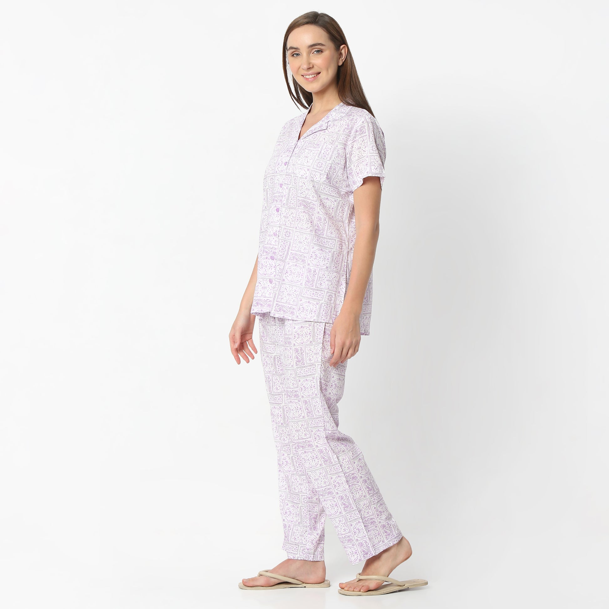 Regular Fit Printed Lapel Collar Regular Length Shirt with Pyjama Set