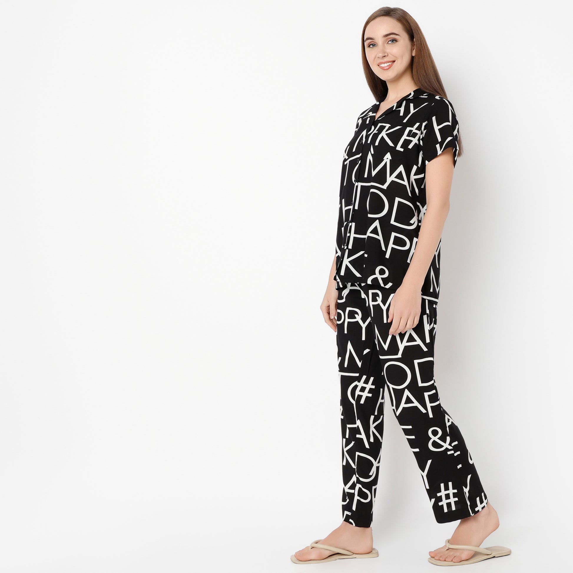 Regular Fit Printed Lapel Collar Shirt with Pyjama Set