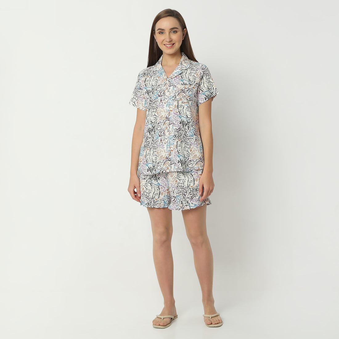 Regular Fit Printed Camp Collar Regular Length Shirt with Shorts Sleepwear Set