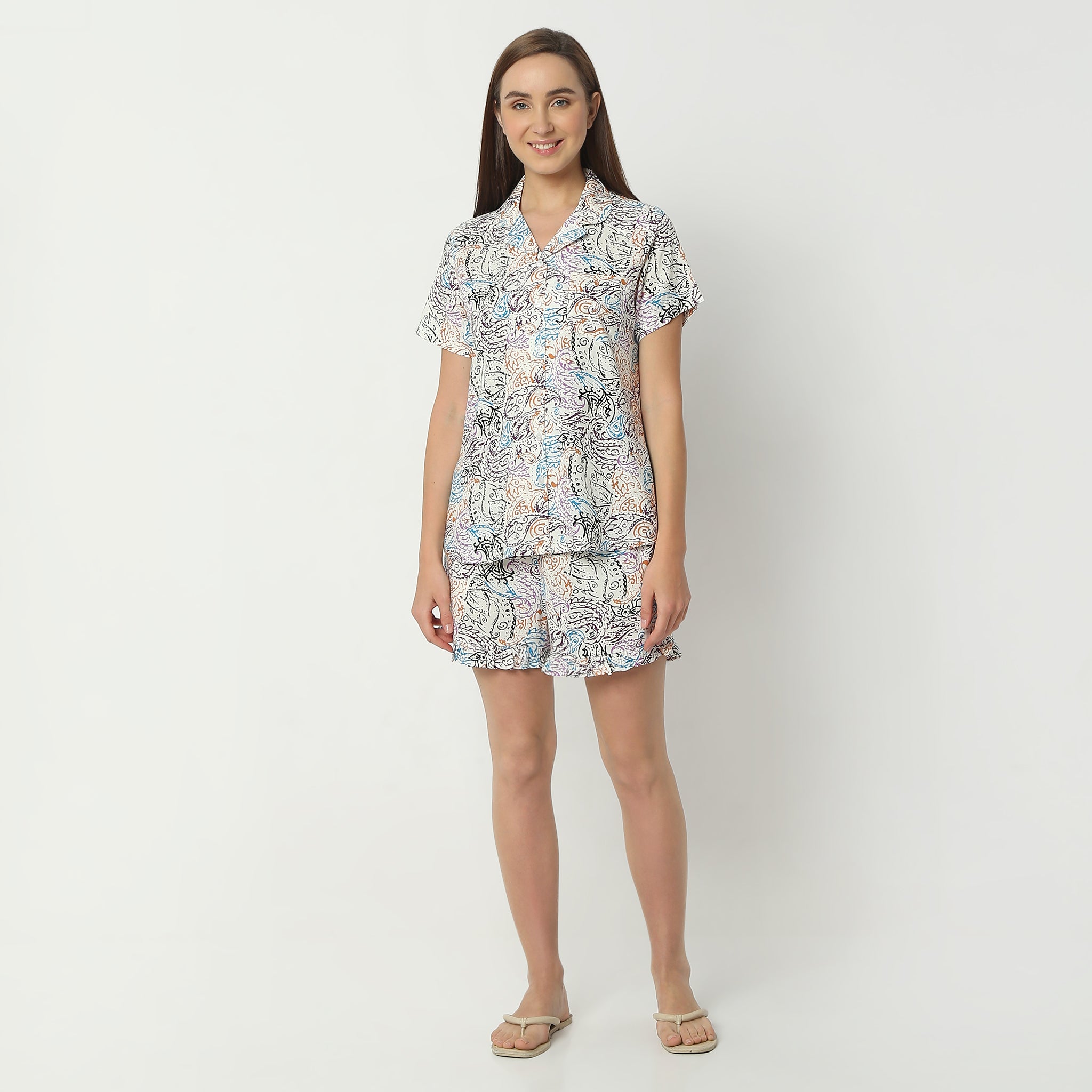 Regular Fit Printed Camp Collar Regular Length Shirt with Shorts Sleepwear Set