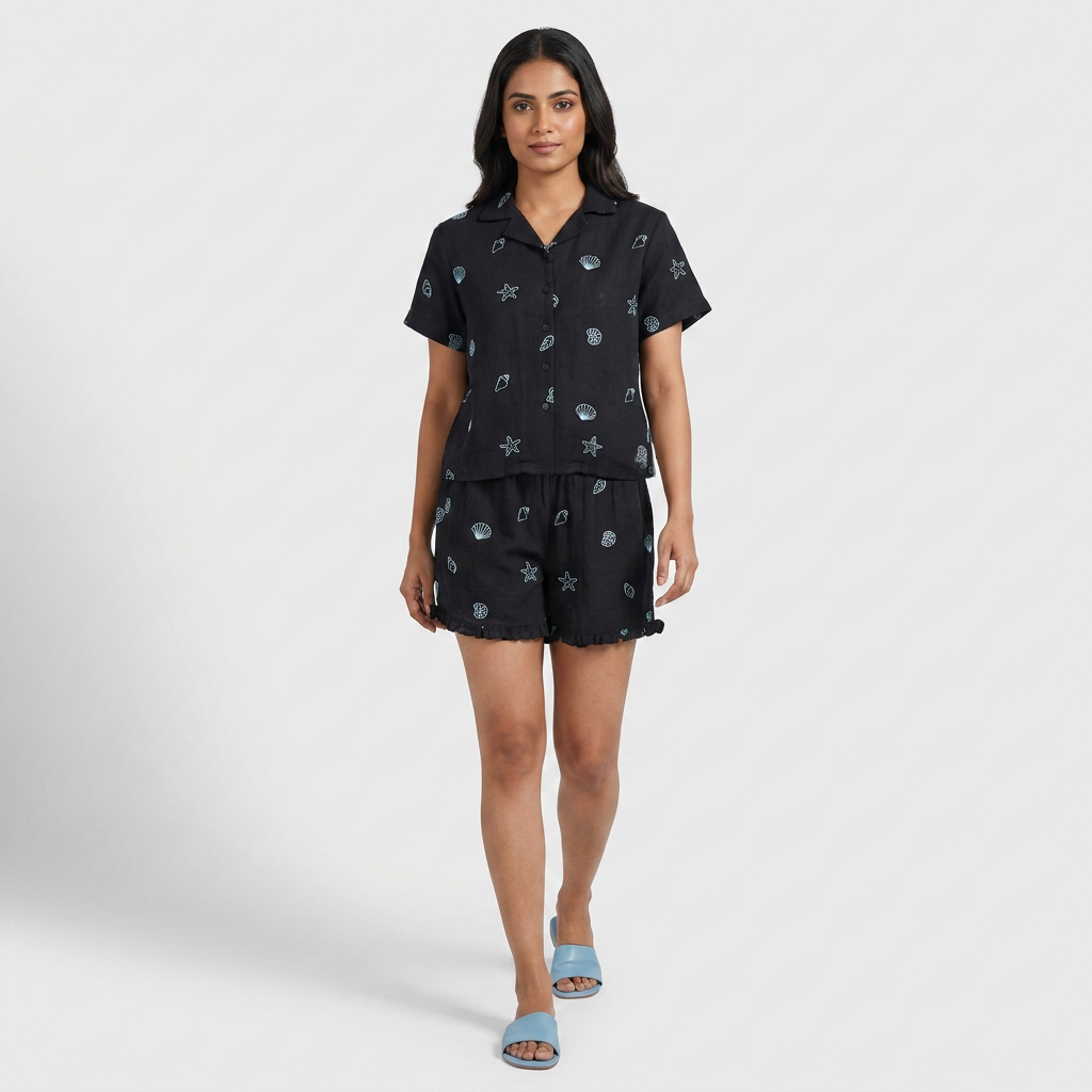 Cotton Embroiderd Shirt with Shorts Sleepwear Set
