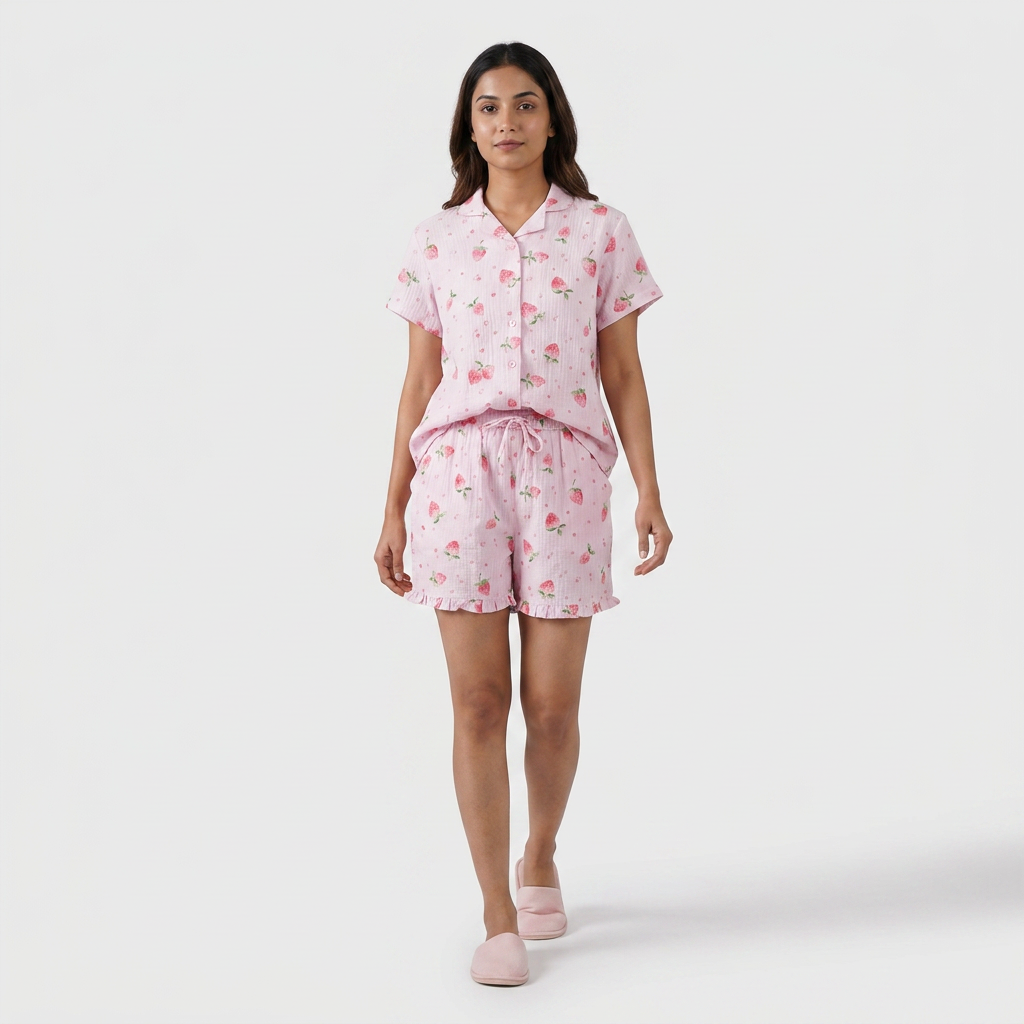 Cotton Printed Shirt with Shorts Sleepwear Set