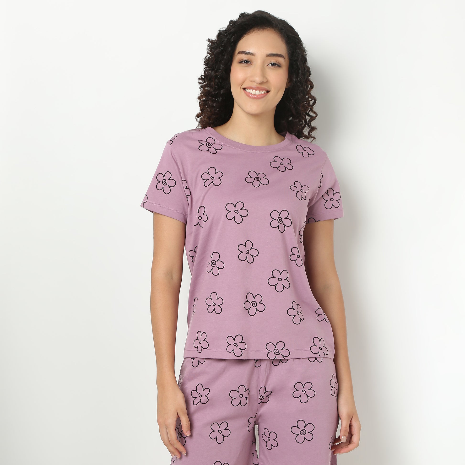 Floral Print Round Neck Loungewear T-Shirt