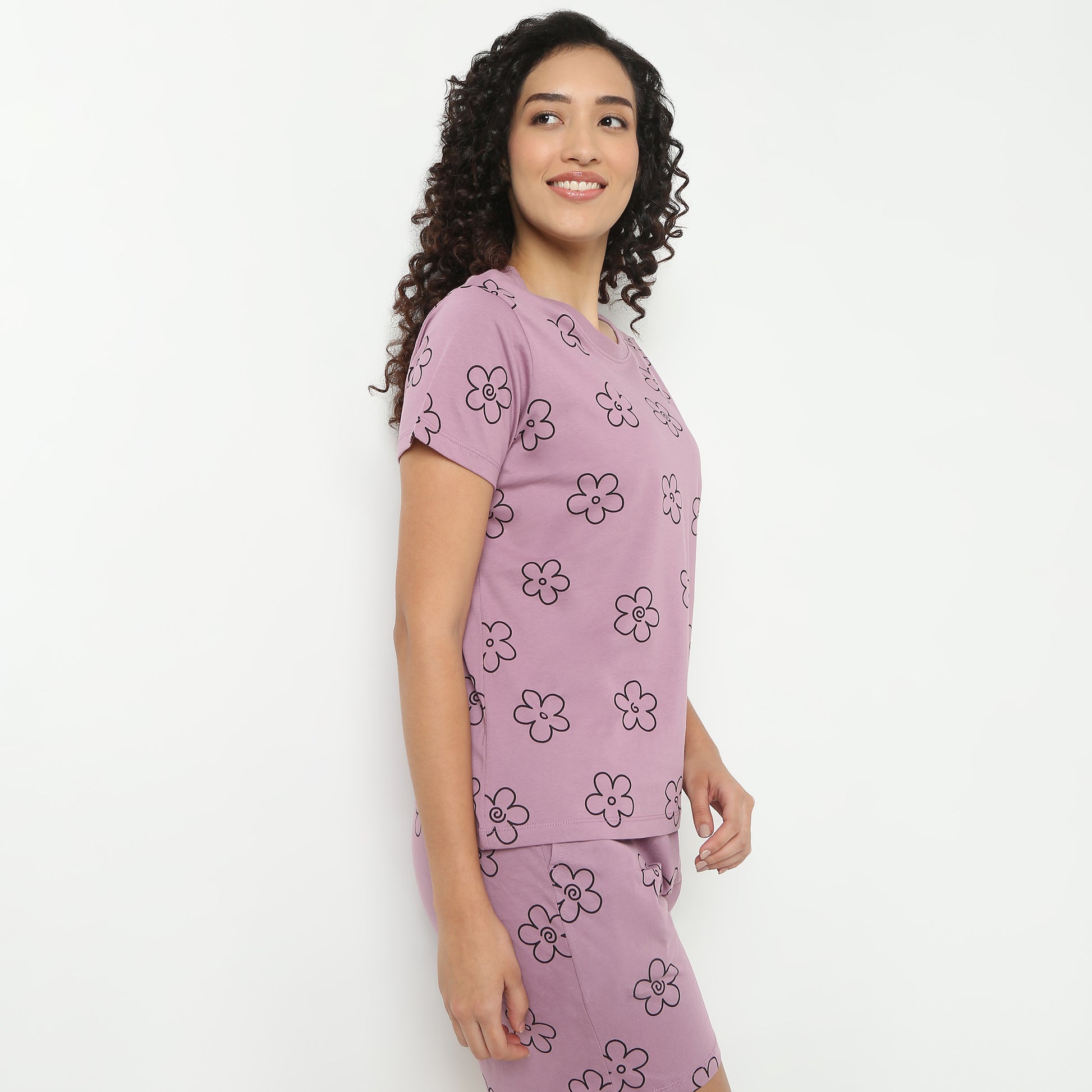 Floral Print Round Neck Loungewear T-Shirt