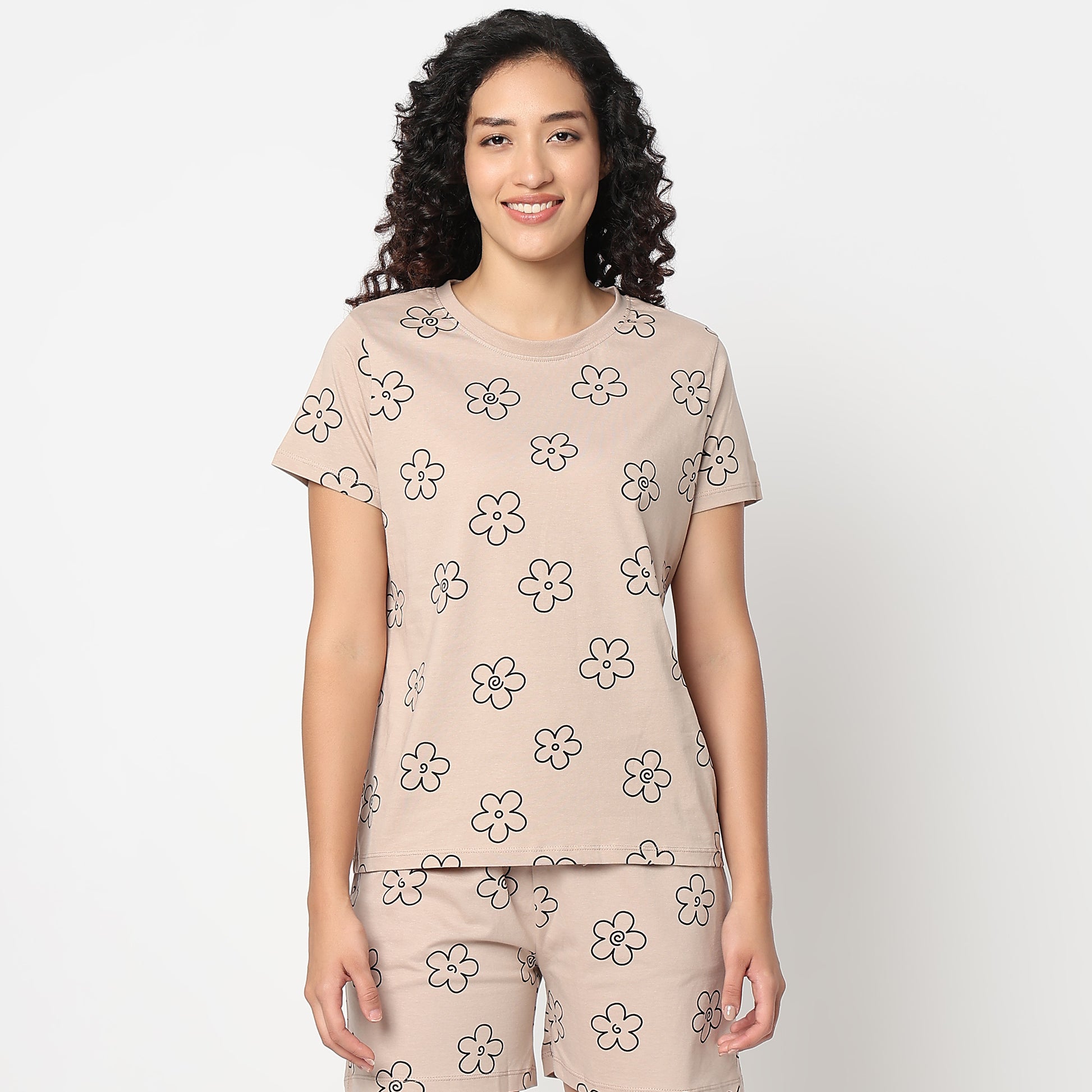 Floral Print Round Neck Loungewear T-Shirt