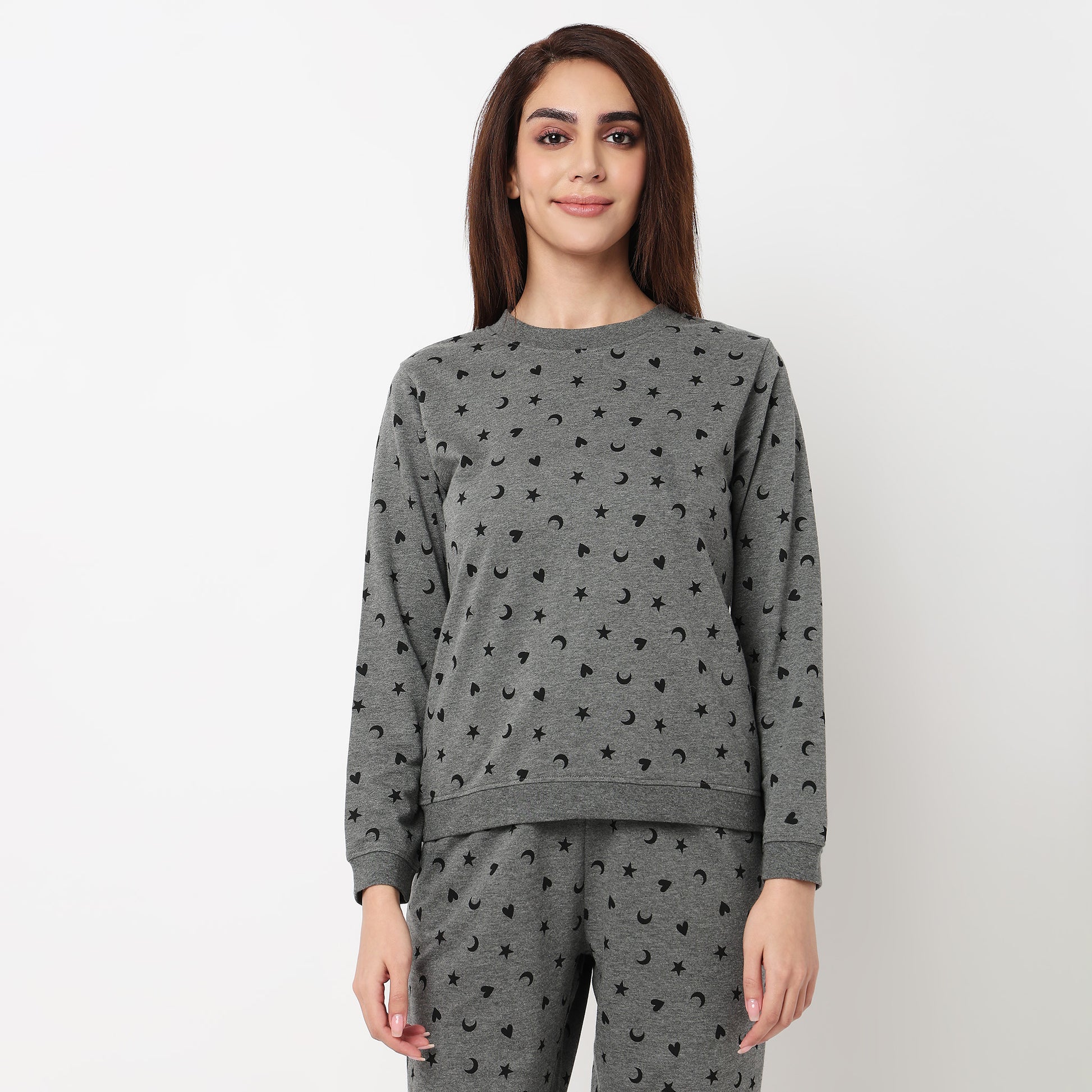 Printed Cotton Full Sleeve Lounge Sweatshirt 