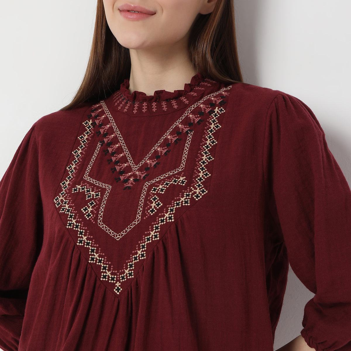 Embroidered Three-Fourth Sleeve Empire Top