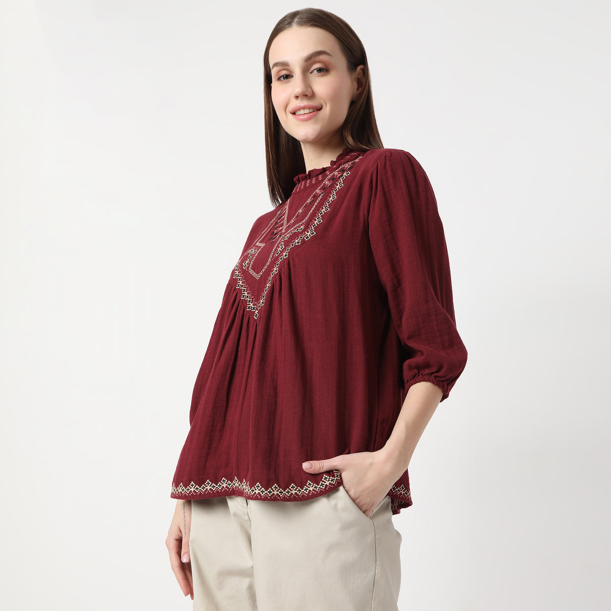 Embroidered Three-Fourth Sleeve Empire Top