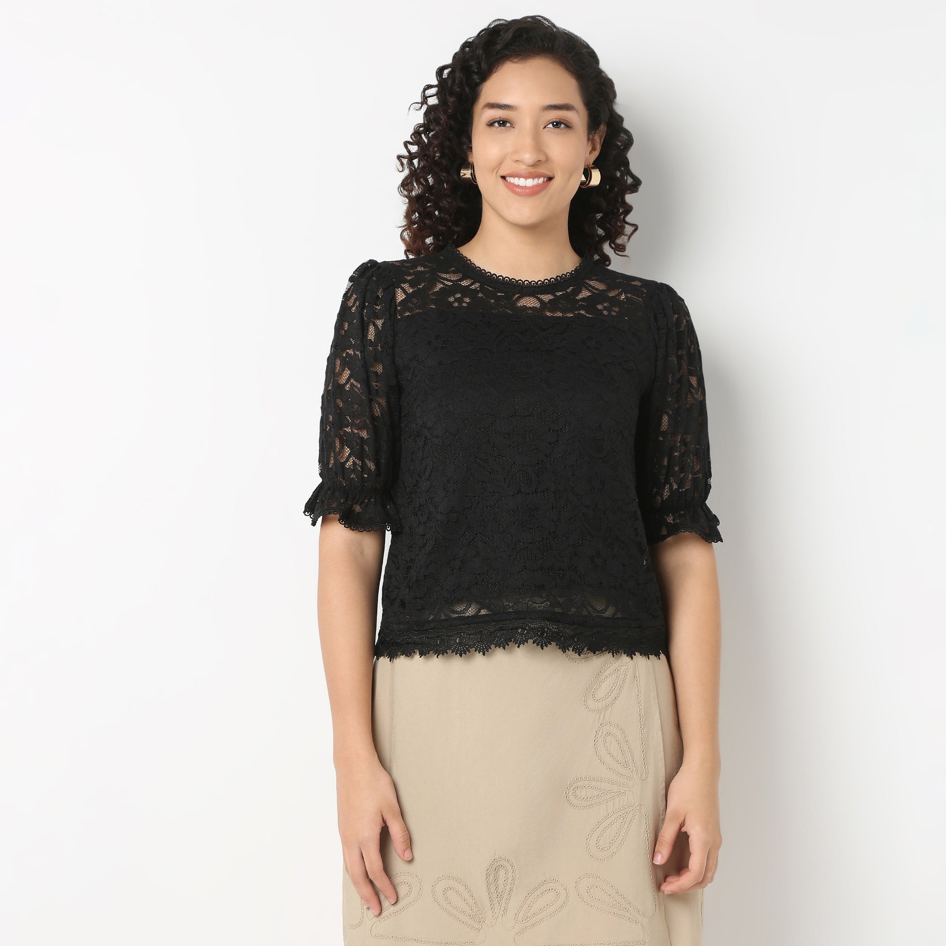 Round Neck with Crochet Lace Trim Top