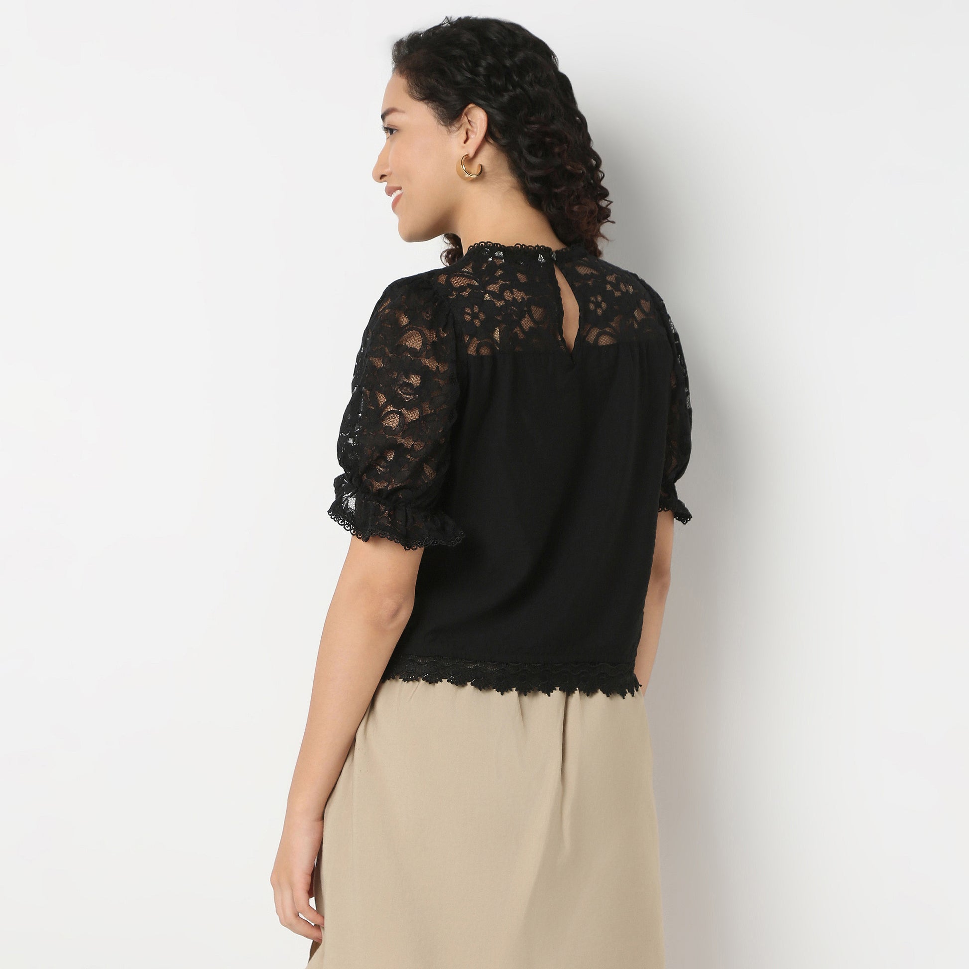 Round Neck with Crochet Lace Trim Top