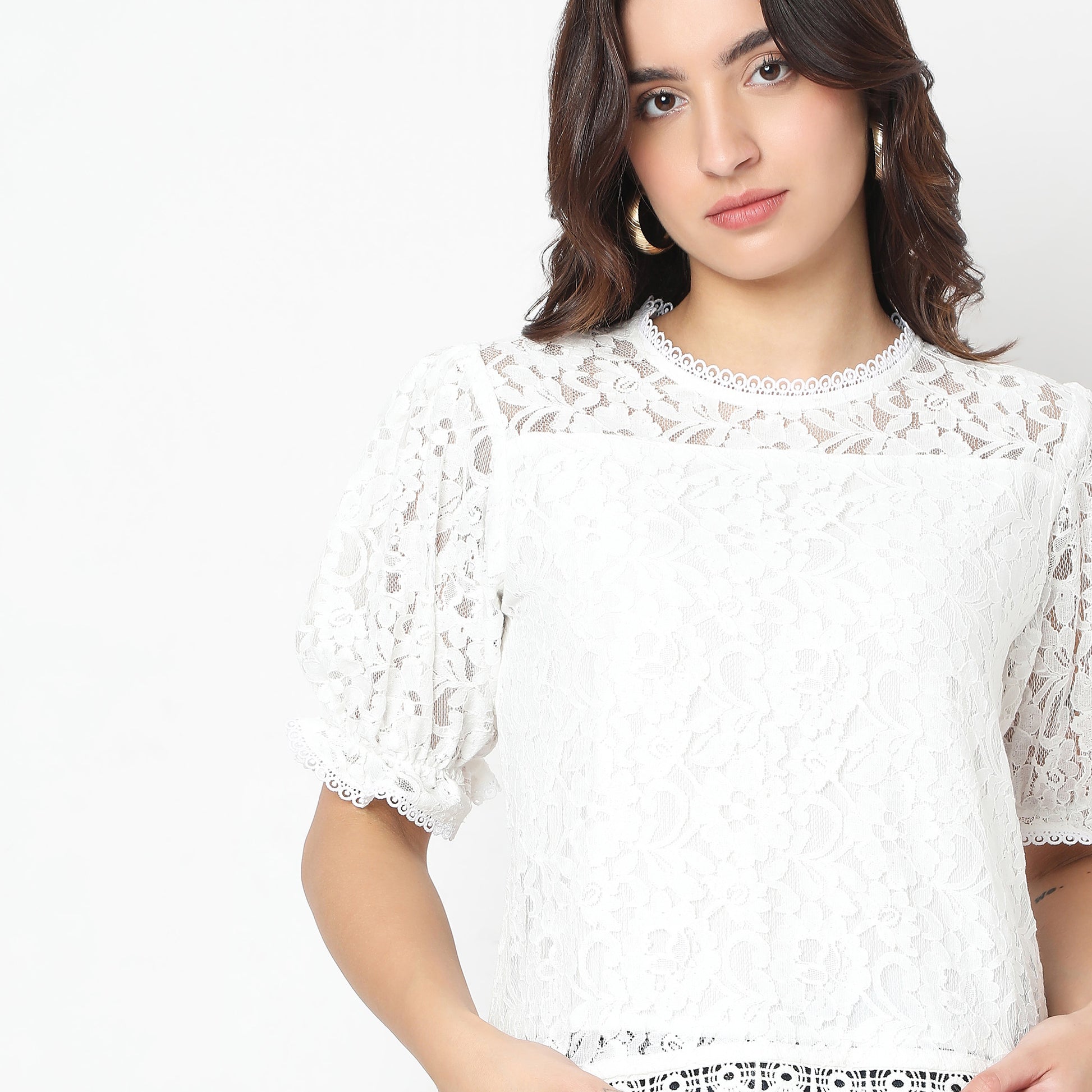 Round Neck with Crochet Lace Trim Top