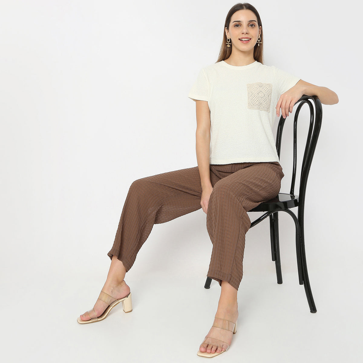 Solid Crochet Pocket Casual Top
