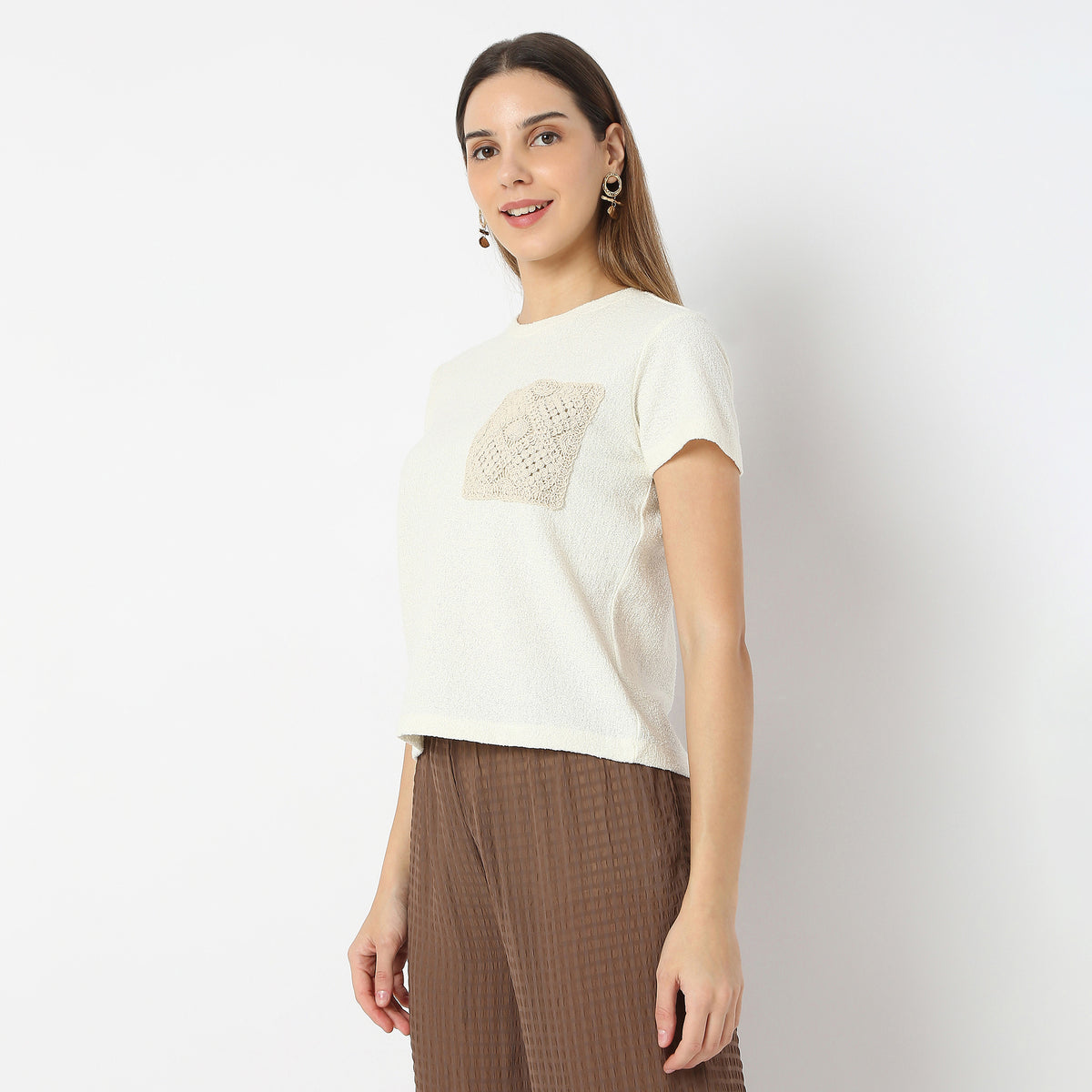 Solid Crochet Pocket Casual Top
