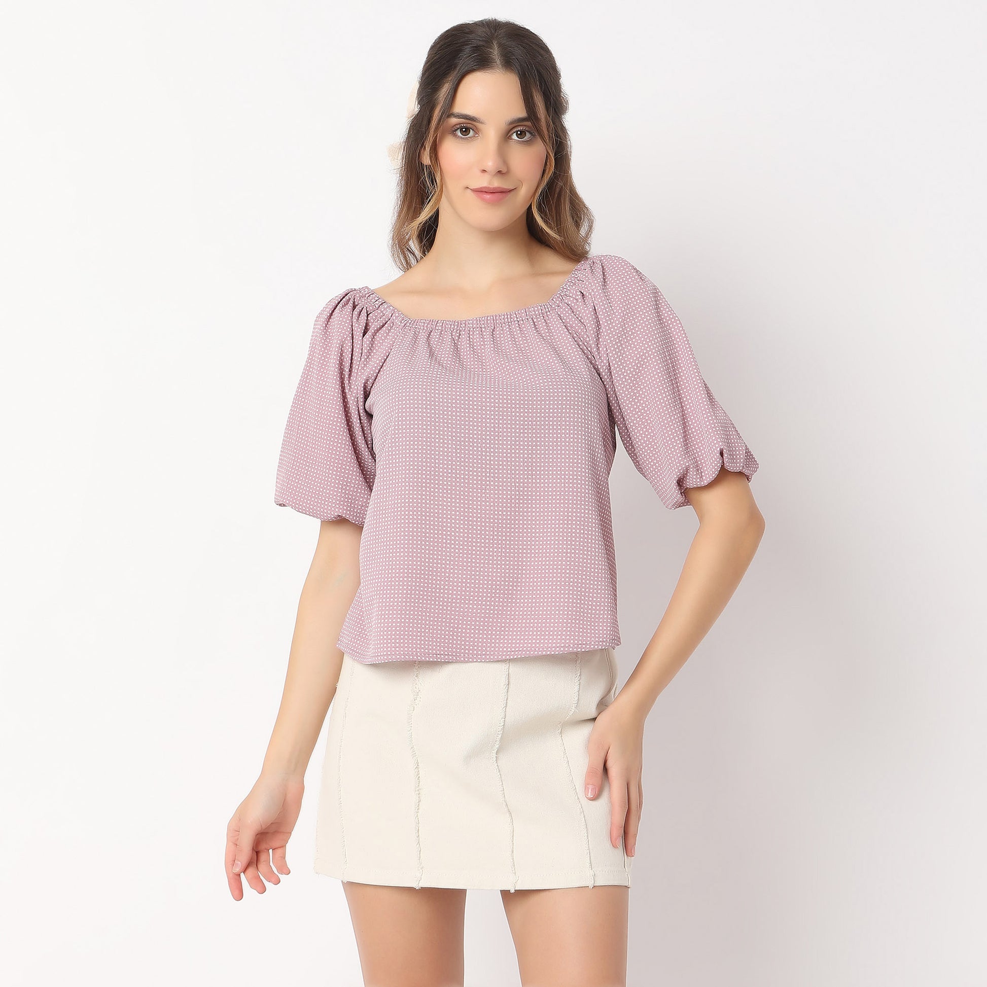Polka Dot Square Neck Woven Puff Sleeve Top